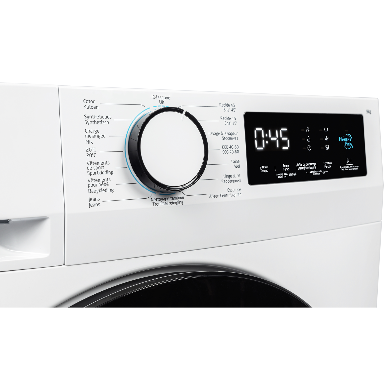 A white washing machine control panel with a dial and digital display, showing options and a timer of 0:45.