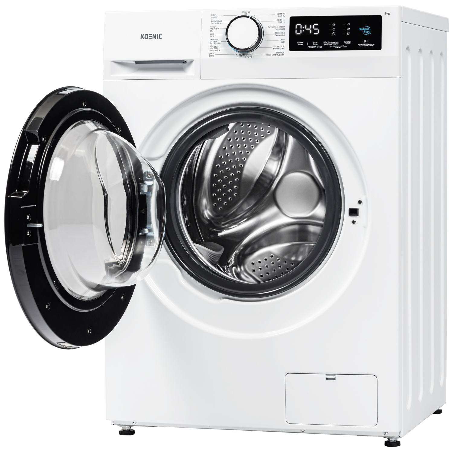 A white washing machine with an open black door. The drum is visible. It has a digital display and control panel.
