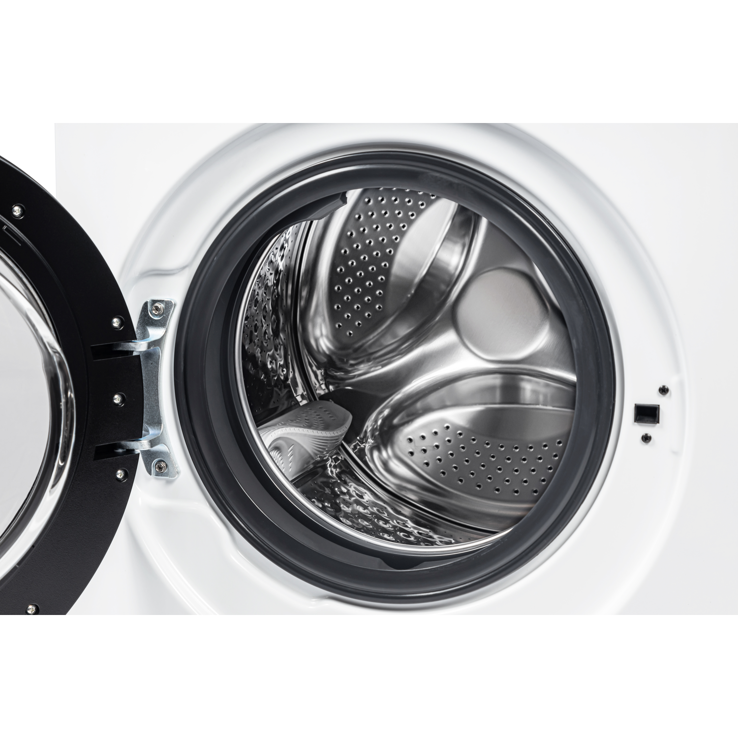 Open washing machine door. Inside, a stainless steel drum with holes. Black rubber seal. White machine body.