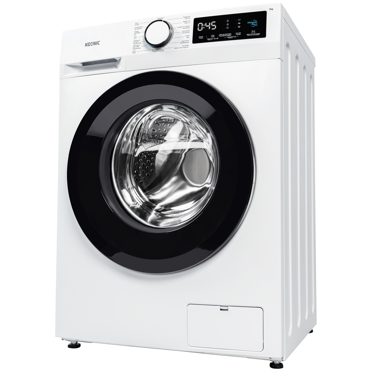 A white Koenic washing machine. It has a black door, a digital display showing 0:45, and various washing program settings.