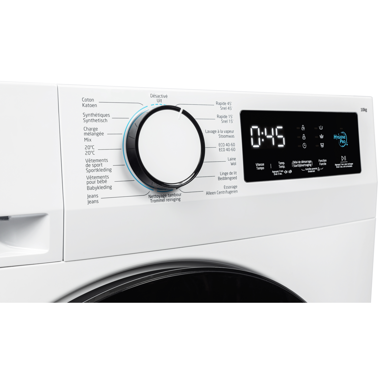Washing machine control panel. Features a dial, digital display showing time, and various wash cycle options.
