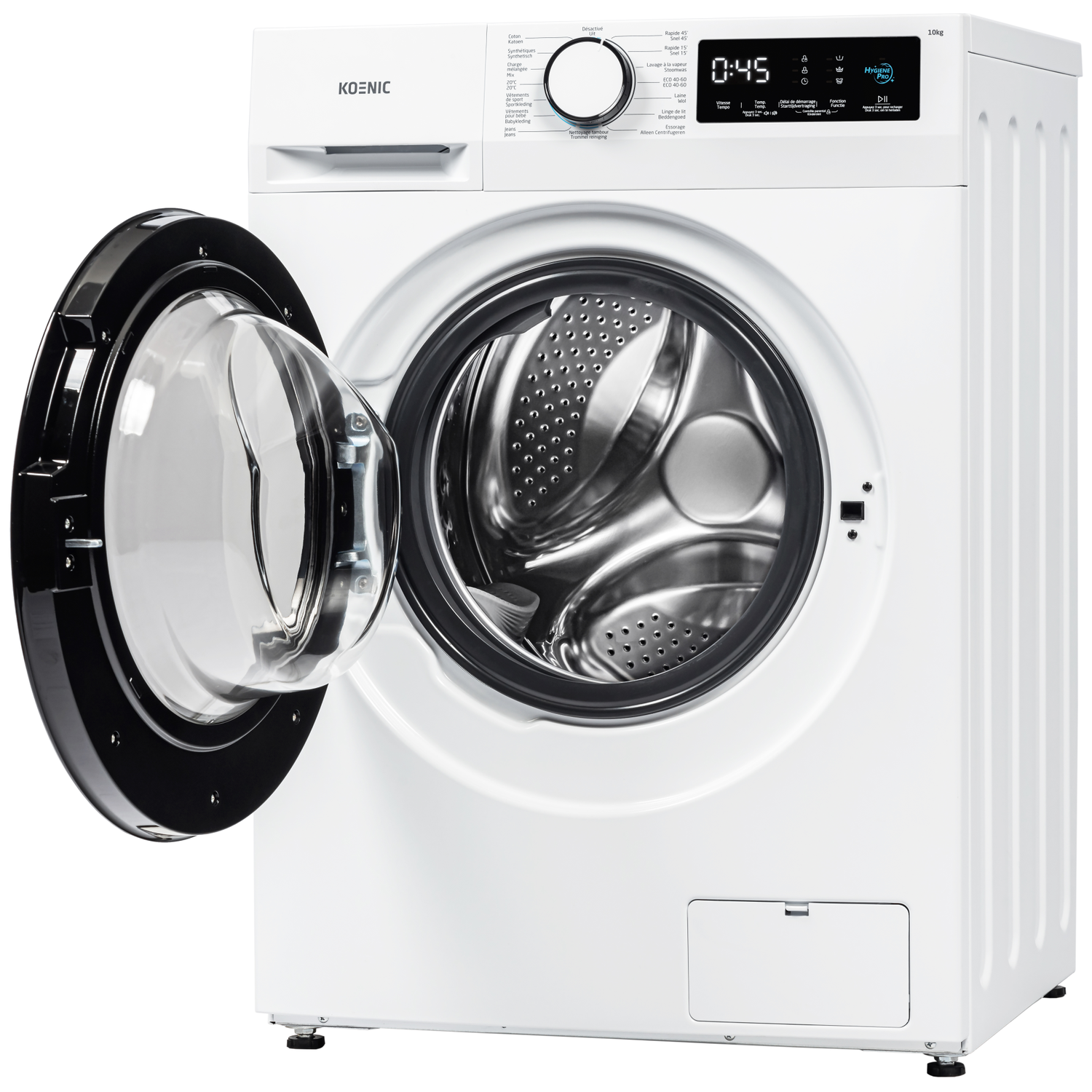 A white Koenic washing machine with an open door. The door has a black frame and a clear glass. The control panel shows 0:45.