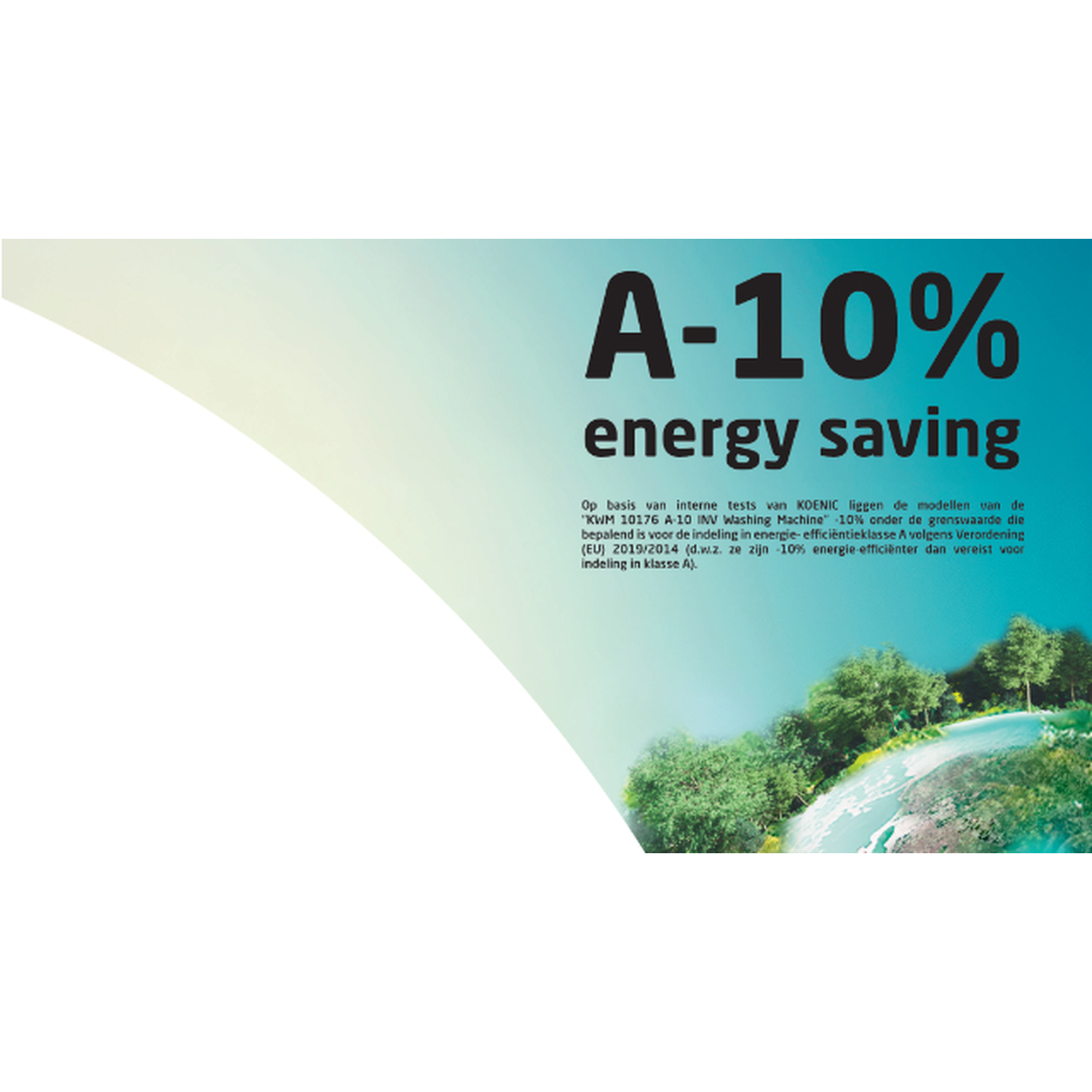 Poster with 'A-10% energy saving' text. It has an image of a globe with trees, indicating energy efficiency.
