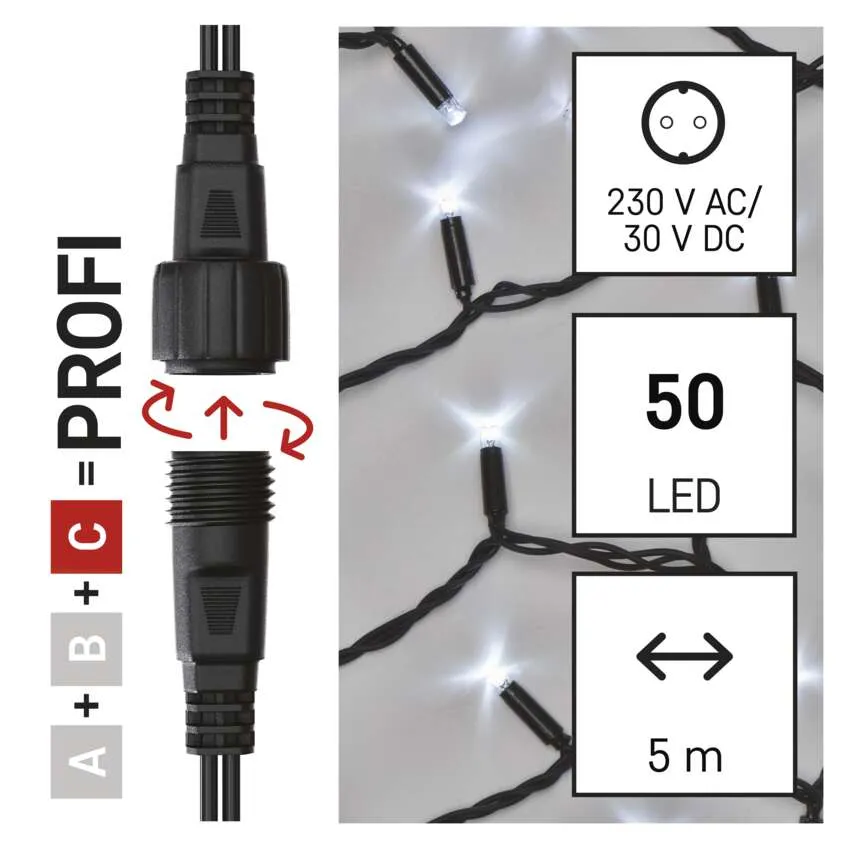 A kép LED-es fényfüzéreket mutat csatlakozóval és specifikációkkal: 50 LED, 5 m hosszúság, 230 V AC/30 V DC. A szöveg PROFI.