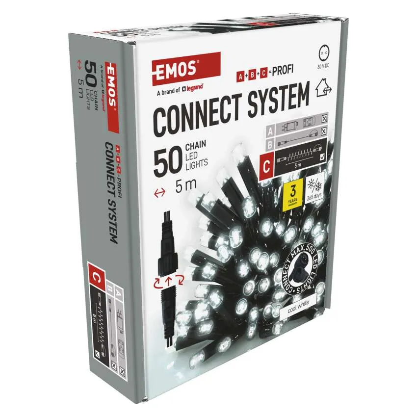 Egy doboz EMOS Connect System LED-es lámpával. A doboz termékinformációkat és a hidegfehér lámpák képét mutatja.