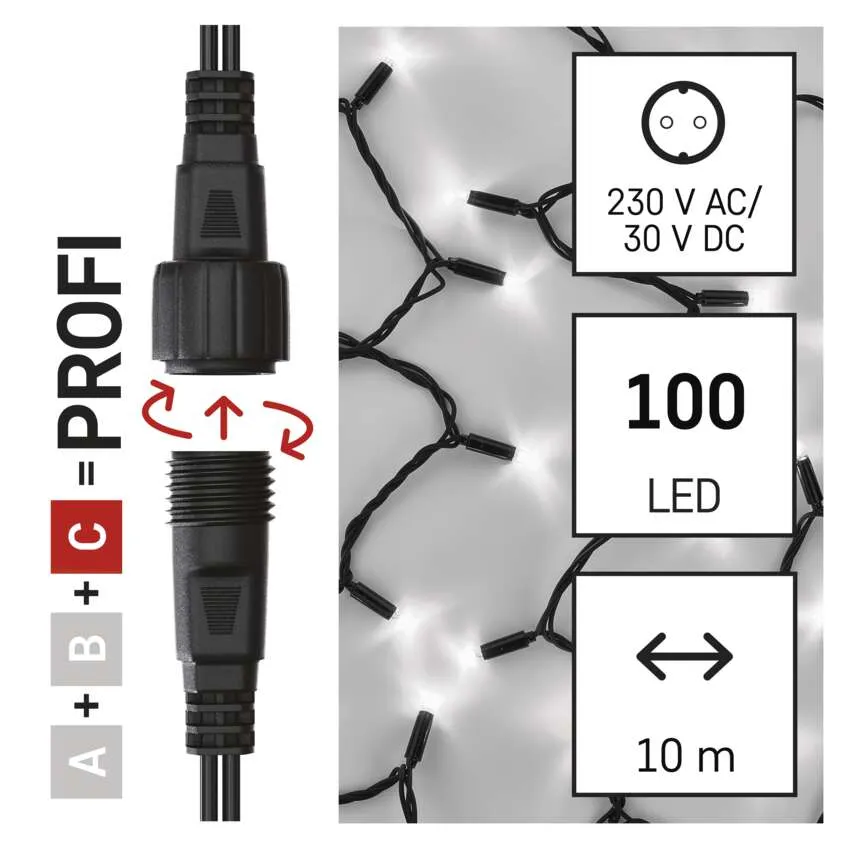 A képen egy fekete LED-es füzér, csatlakozók és infografikák láthatók a feszültségről, a LED-ekről és a hosszból.