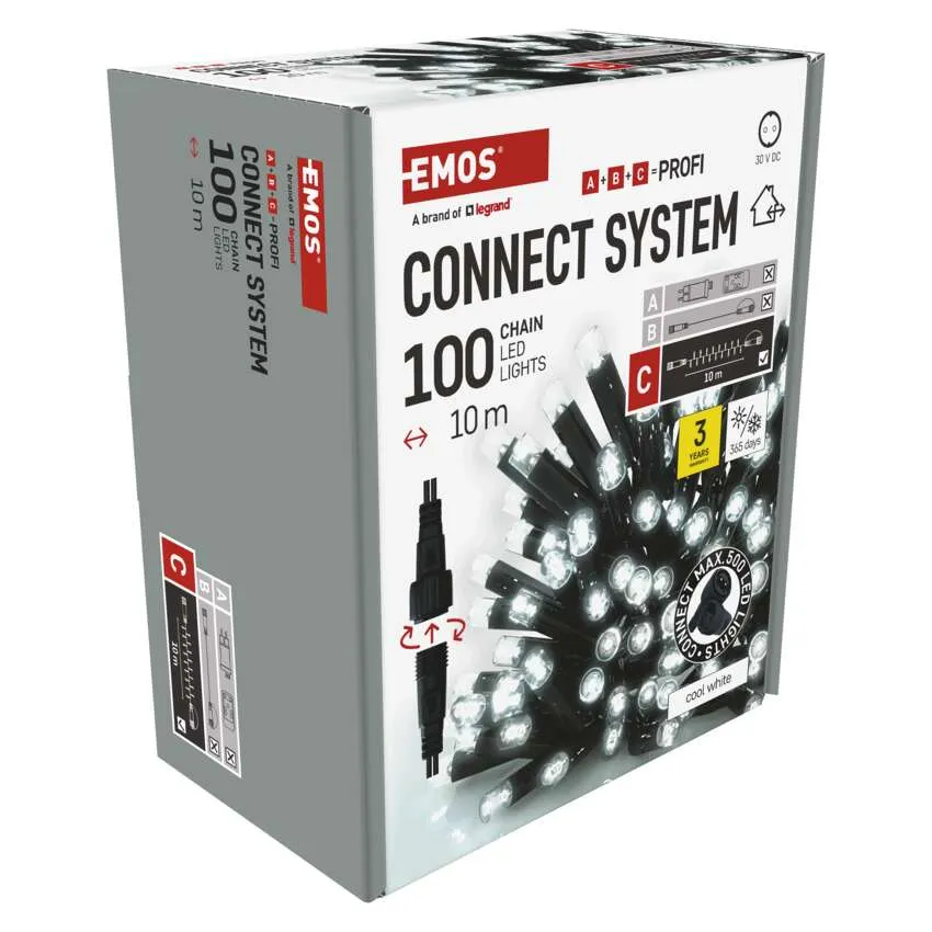 EMOS Connect System lámpák doboza. 100 hidegfehér LED-lámpából álló lánc, 10 méter hosszú. A doboz fehér, fekete szöveggel és grafikával.