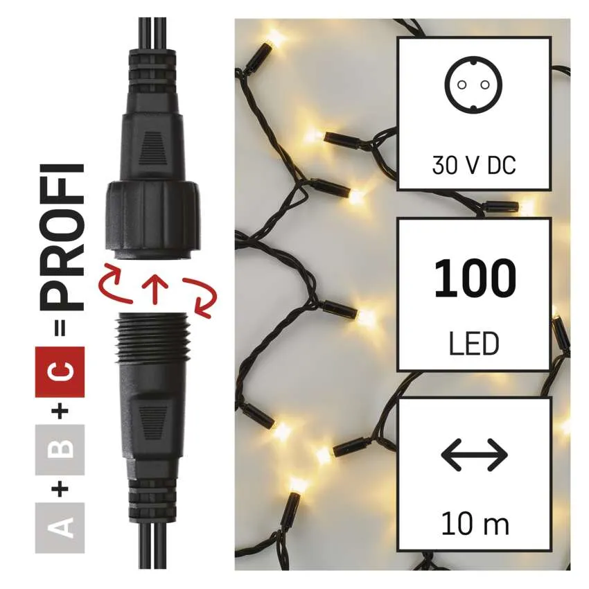 A képen egy fekete csatlakozó és füzérvilágítás látható. Részleteket tartalmaz: 30V DC, 100 LED és 10 m hossz. A PROFI szó látható.