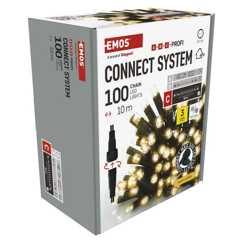 EMOS Connect System LED-es lámpák doboza. 100 lámpát, 10 m hosszúságot és meleg fehér színt mutat.