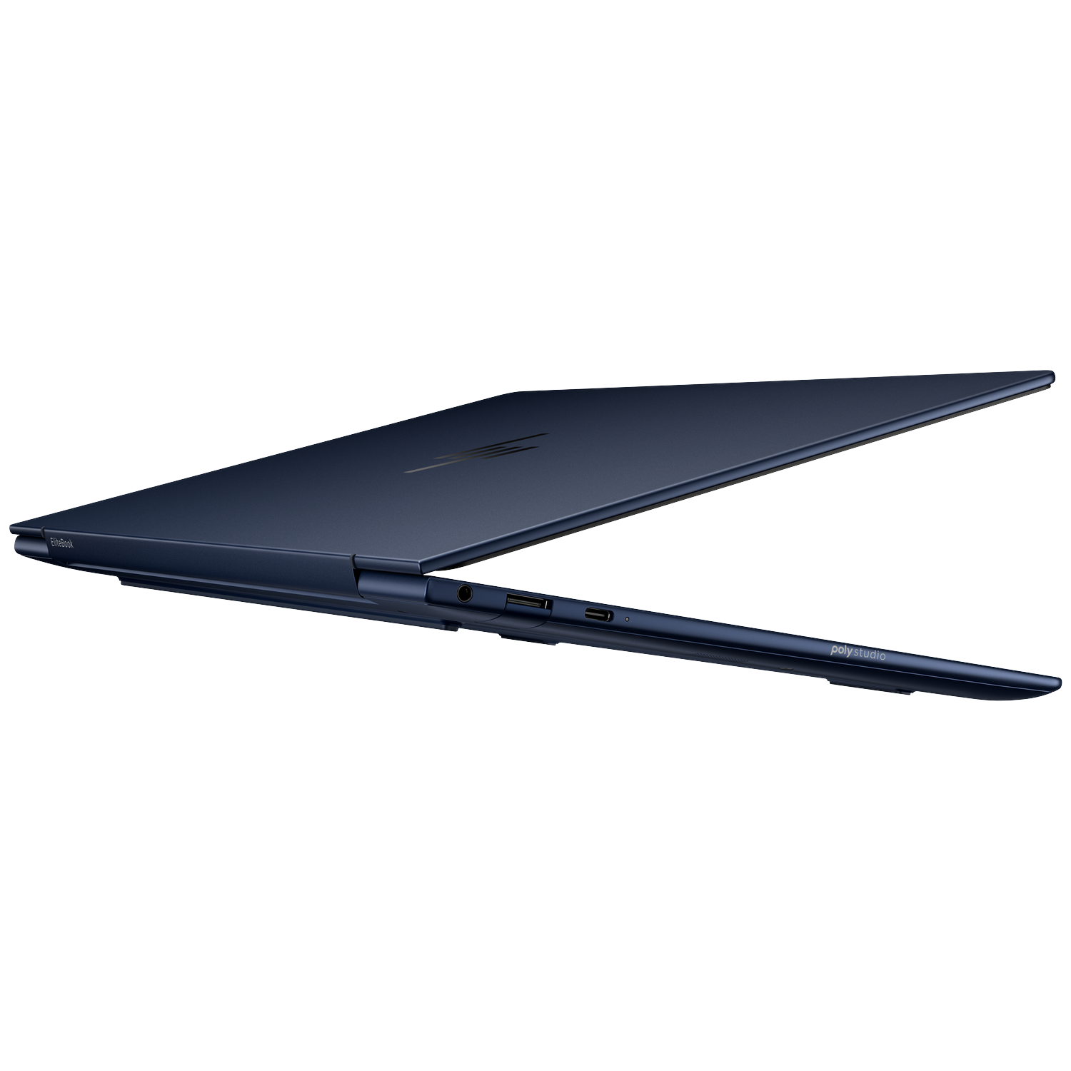 A navy blue laptop, partially open. The laptop has a sleek design with a side view showing ports and the 'poly studio' logo.