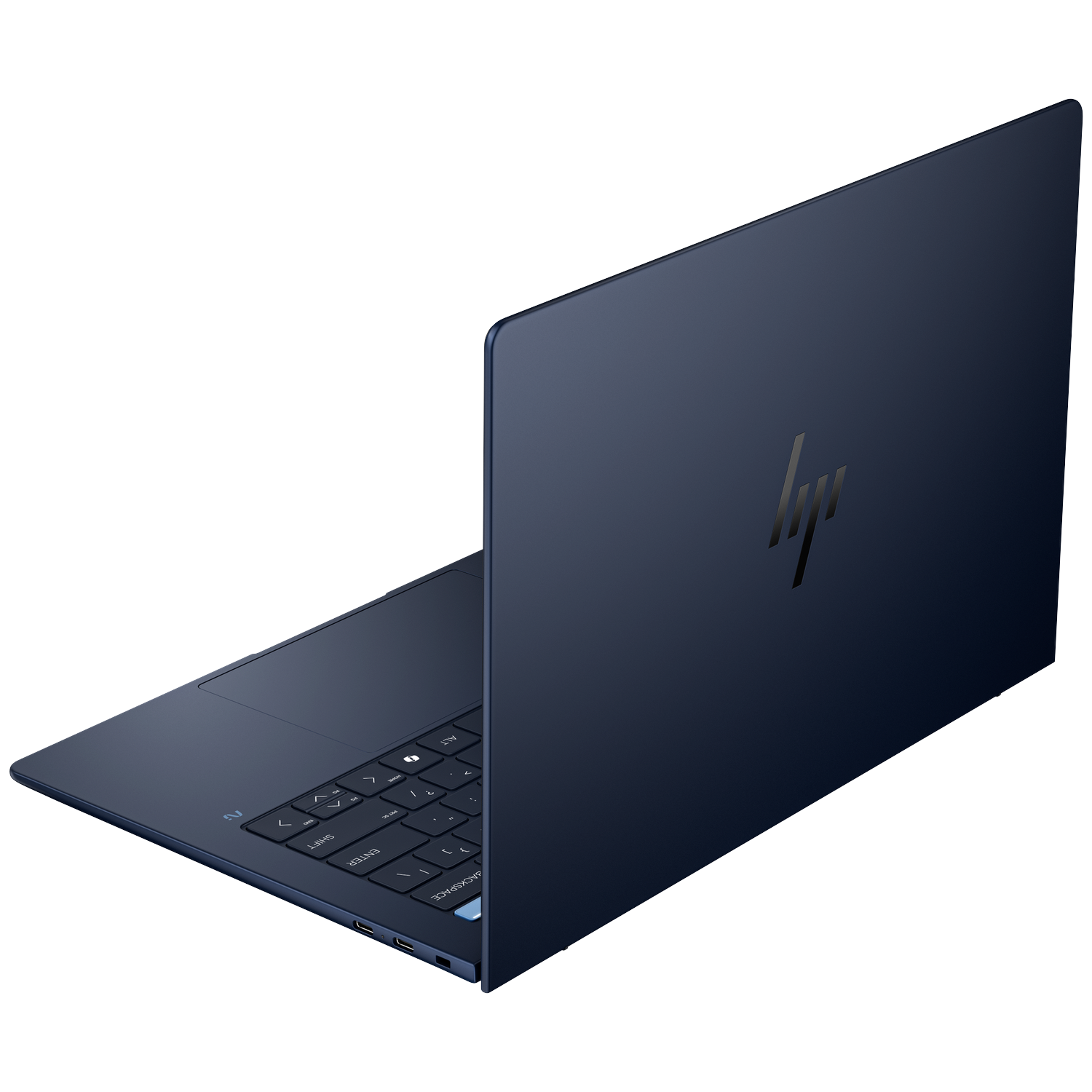 A navy blue HP laptop, partially open, angled view. The HP logo is visible on the lid. Keyboard is visible with the screen open.