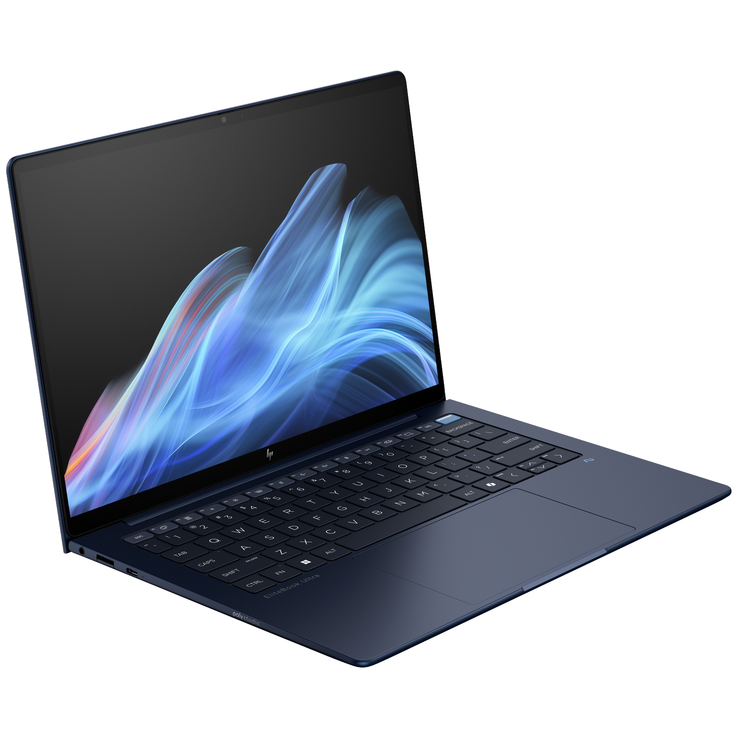 A navy blue laptop, open, angled view. Screen shows blue and white abstract design. Keyboard visible. White background.