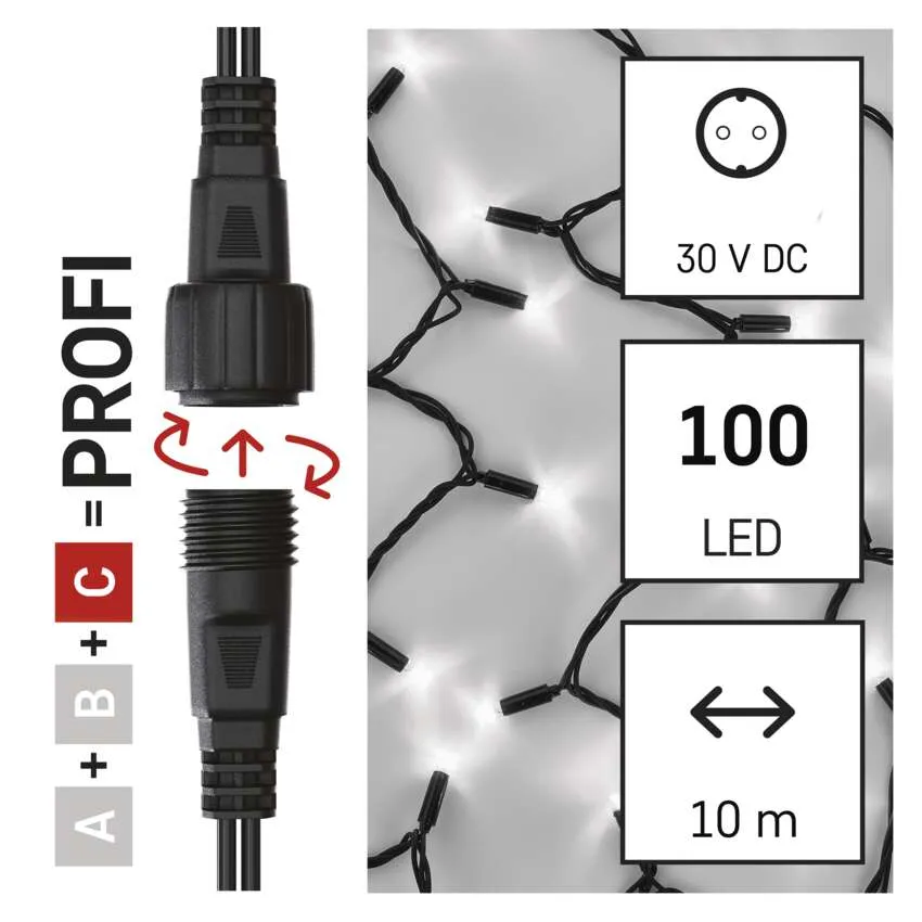 A képen egy fekete csatlakozó és füzérvilágítás látható. A szövegdobozok 30V DC, 100 LED és 10m hosszúságot jeleznek.