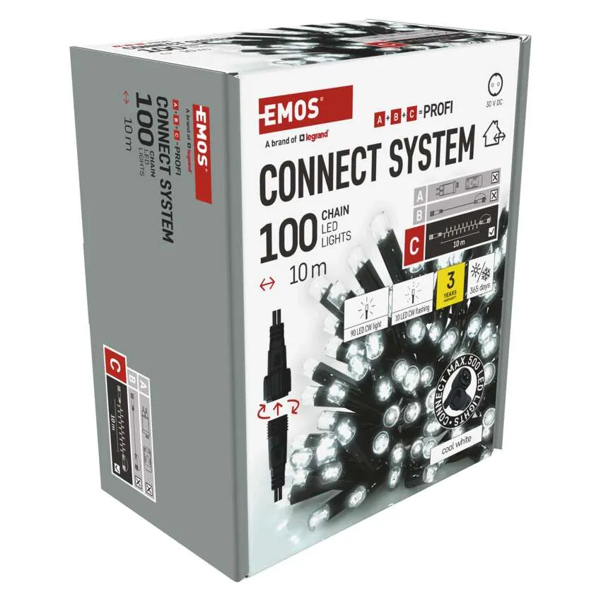 EMOS Connect System lámpák doboza. 100 LED-es lámpából álló lánc, hideg fehér színű, 10 méter hosszú.