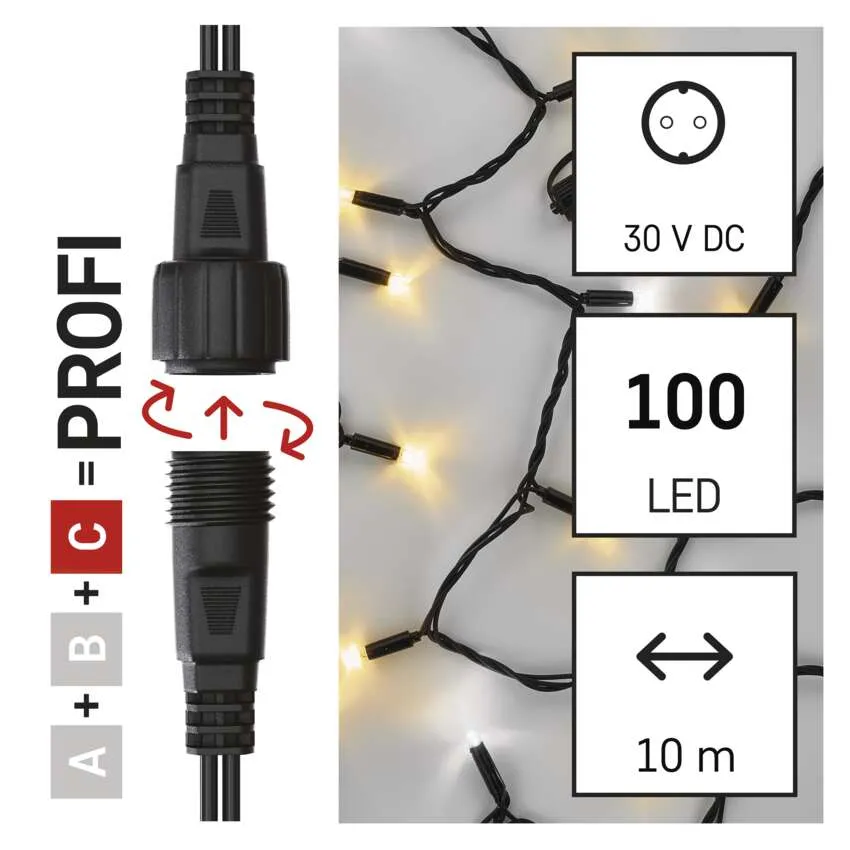 A képen egy fekete LED-es fényfüzér csatlakozója látható, a feszültség, a LED-szám és a hosszúság diagramjaival.