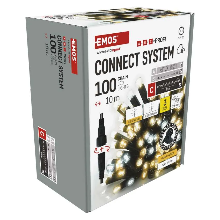 EMOS Connect System LED lámpák doboza. 100 lámpája van, 10m hosszú. Meleg fehér és hideg fehér lámpák, 3 év garancia.