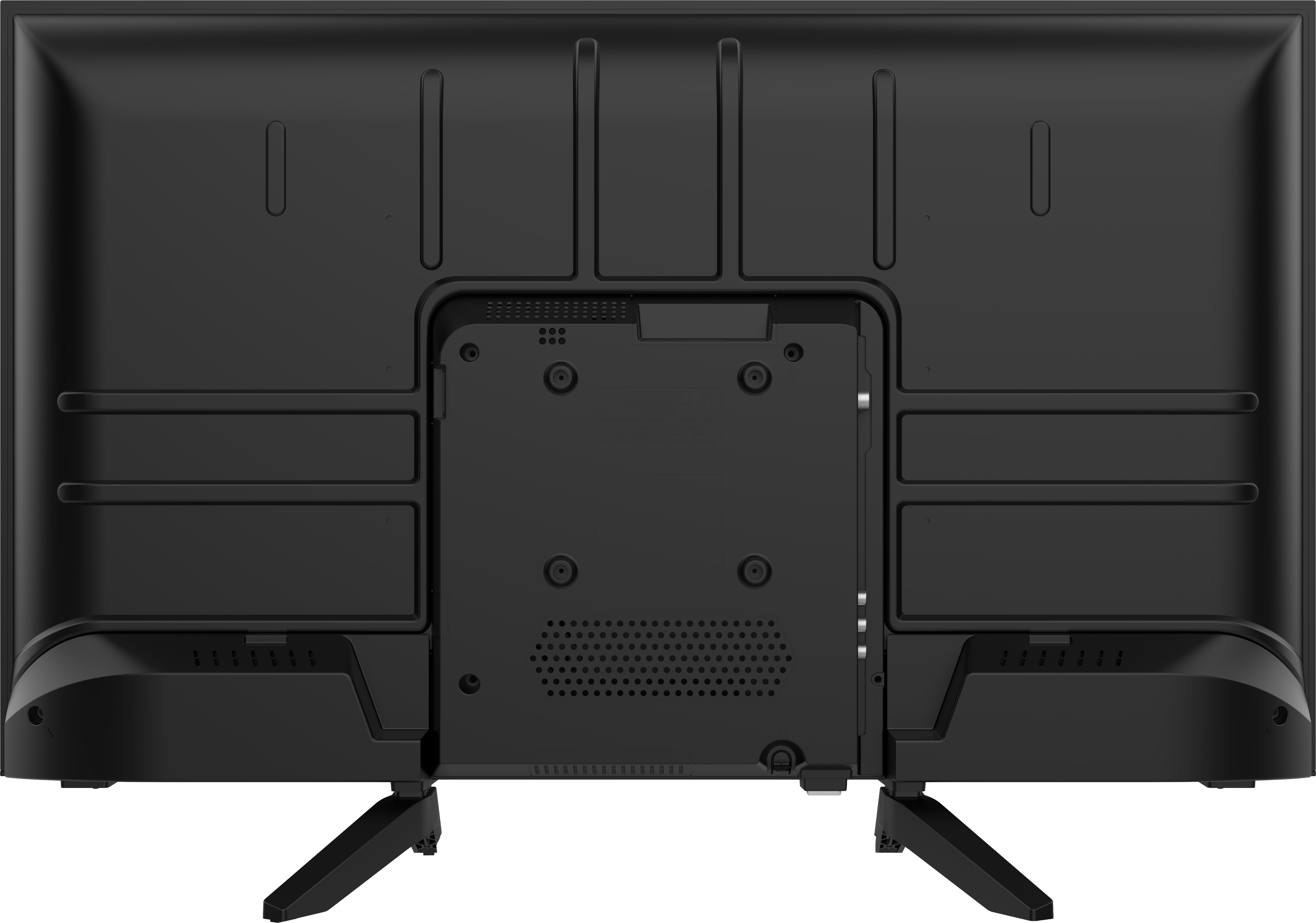 Tył czarnego telewizora z portami, otworami wentylacyjnymi i podstawą. Widoczne pionowe żebra i punkty montażowe.