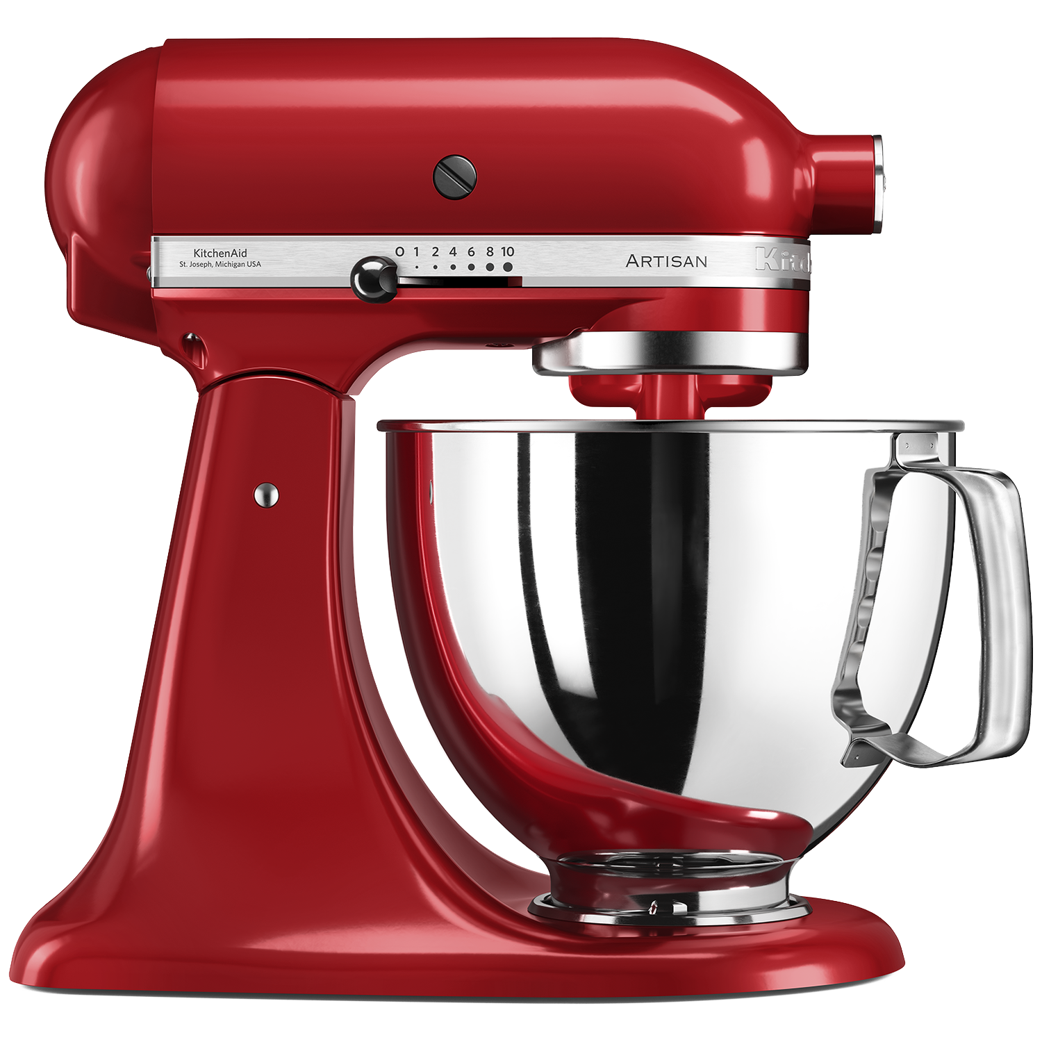 A red KitchenAid Artisan stand mixer, stainless steel bowl, and handle. The mixer has a speed control and brand markings.