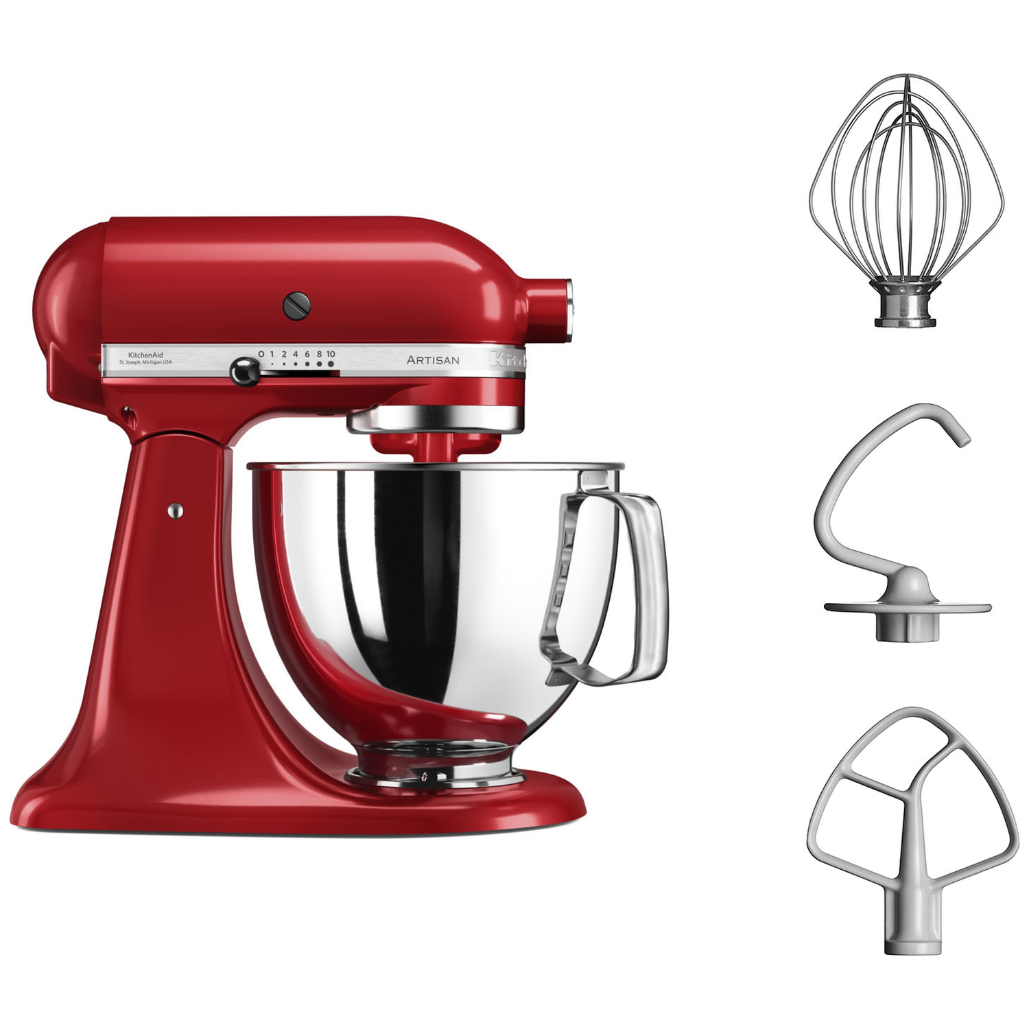 A red KitchenAid Artisan stand mixer with a stainless steel bowl and three attachments on a white background.