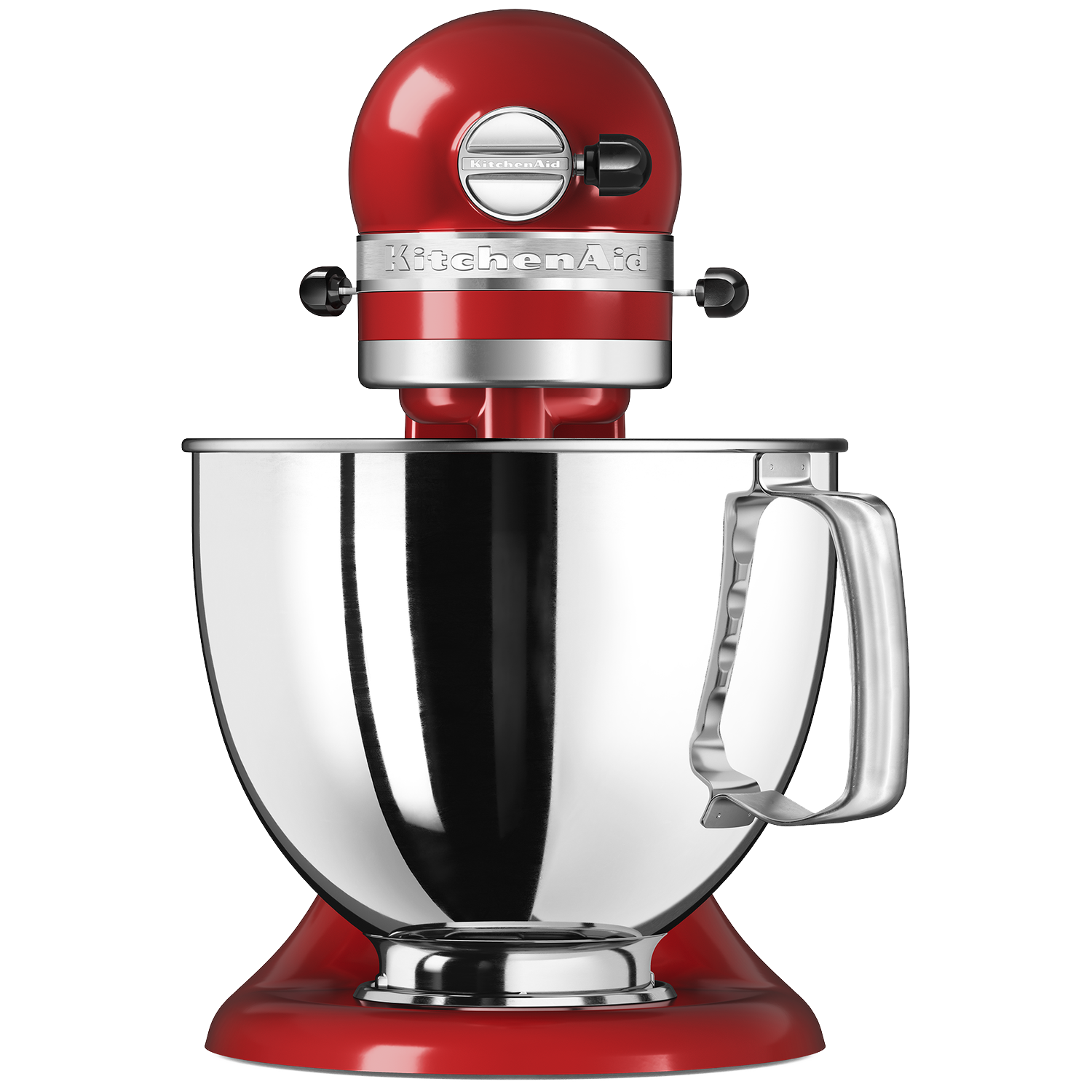 A red KitchenAid stand mixer with a stainless steel bowl. The mixer is on a white background.