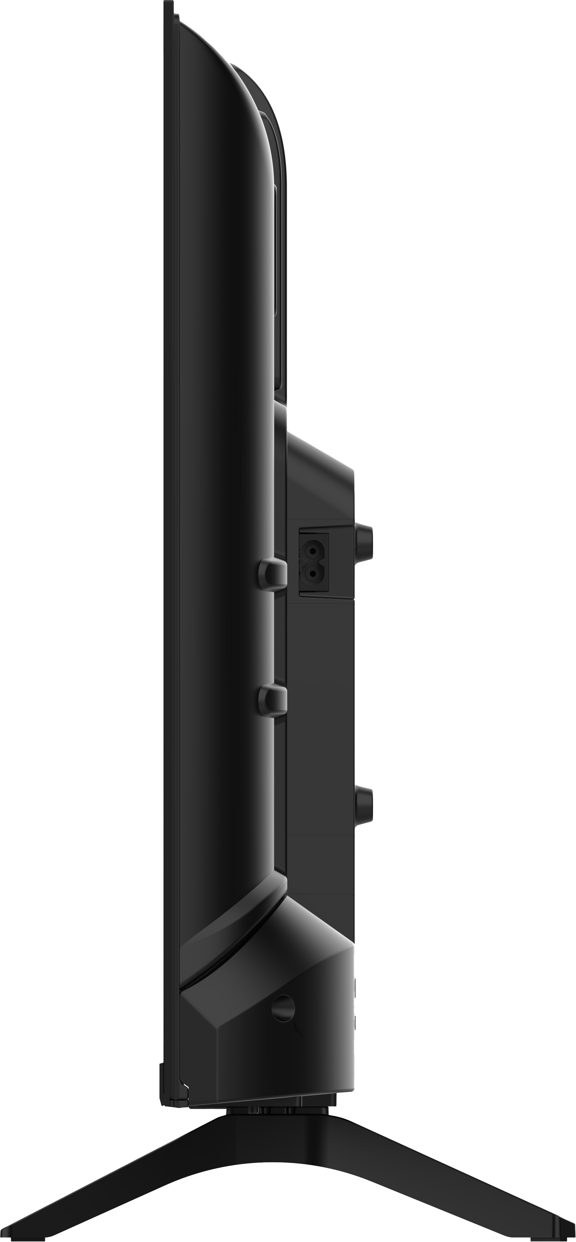 Widok z boku czarnego telewizora. Widoczne gniazdo zasilania, stojak i zakrzywiona strona.