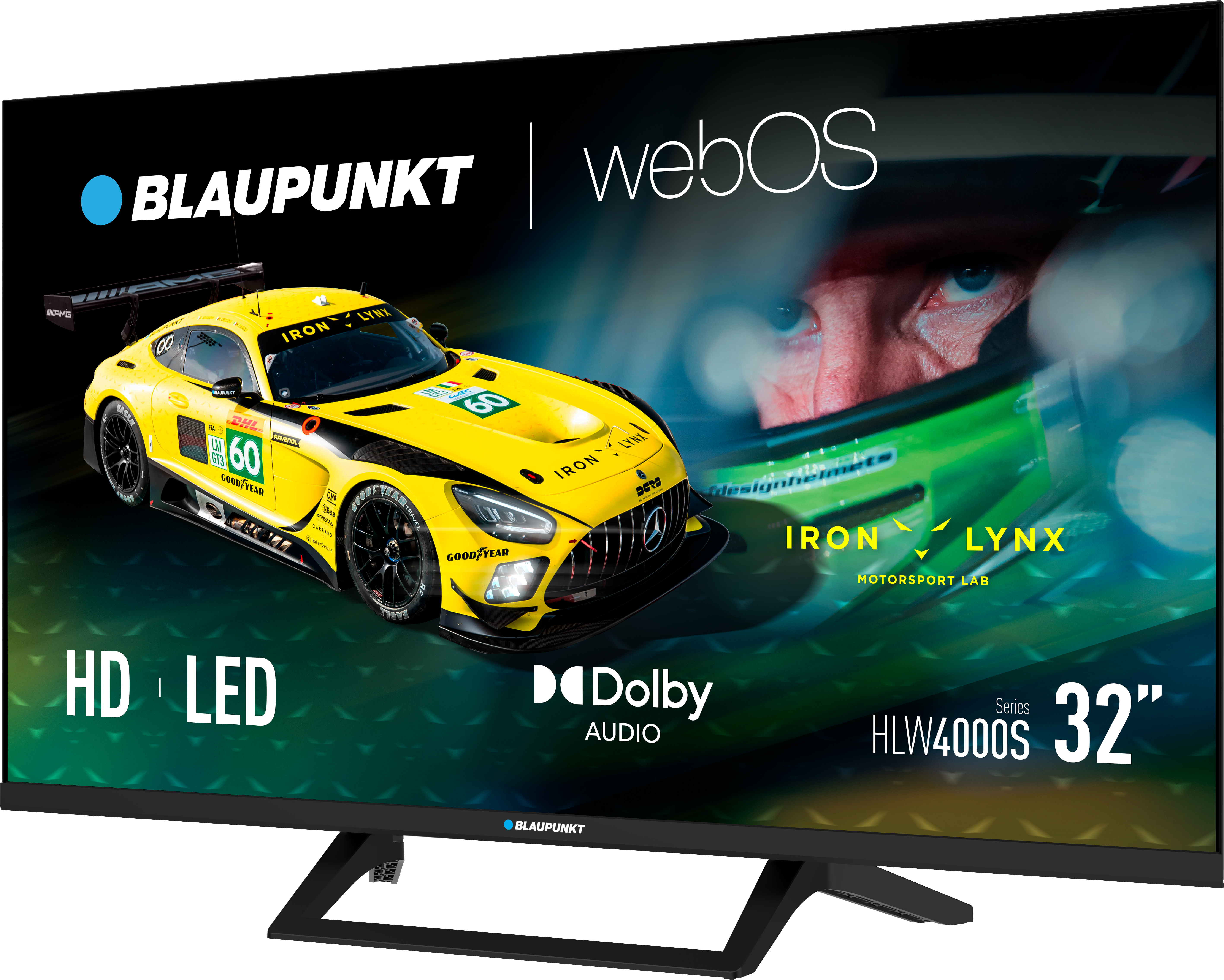 Telewizor Blaupunkt wyświetla żółty samochód wyścigowy z logo Iron Lynx. Posiada HD LED, Dolby Audio i webOS, z 32-calowym ekranem.