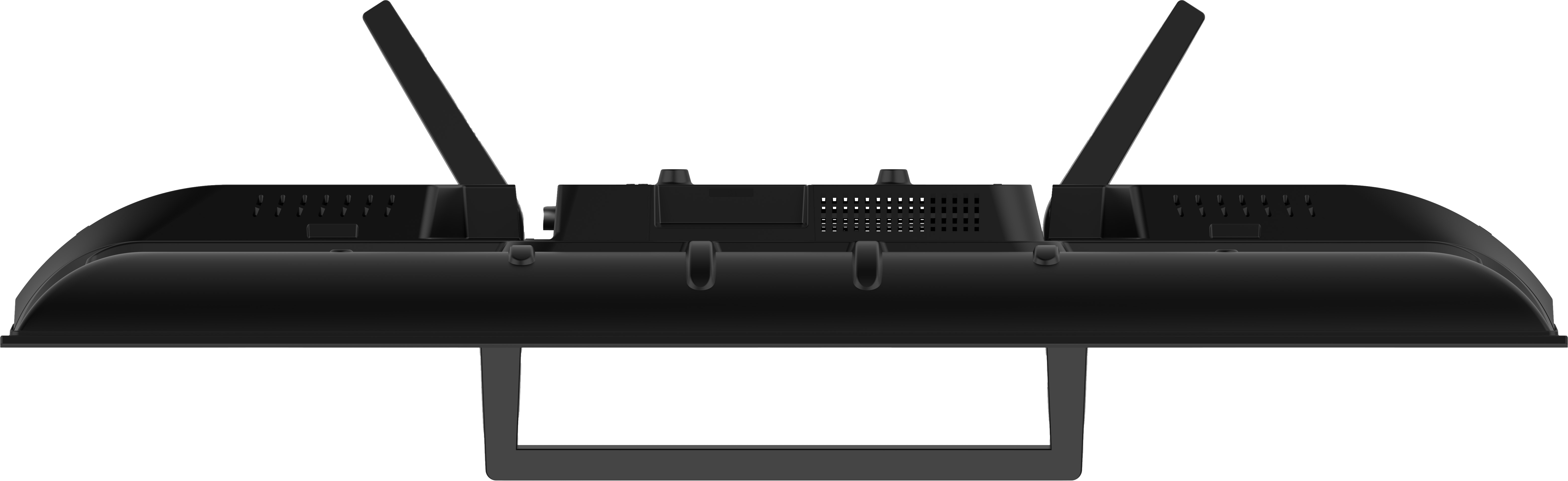 Tył czarnego telewizora z dwiema antenami, portami i podstawką na czarnym tle.