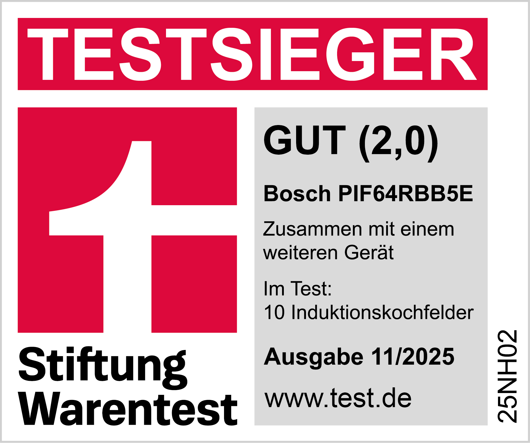 Das Bild zeigt ein rot-weißes Logo mit Text: 'TESTSIEGER', 'GUT (2.0)' und 'Stiftung Warentest'.