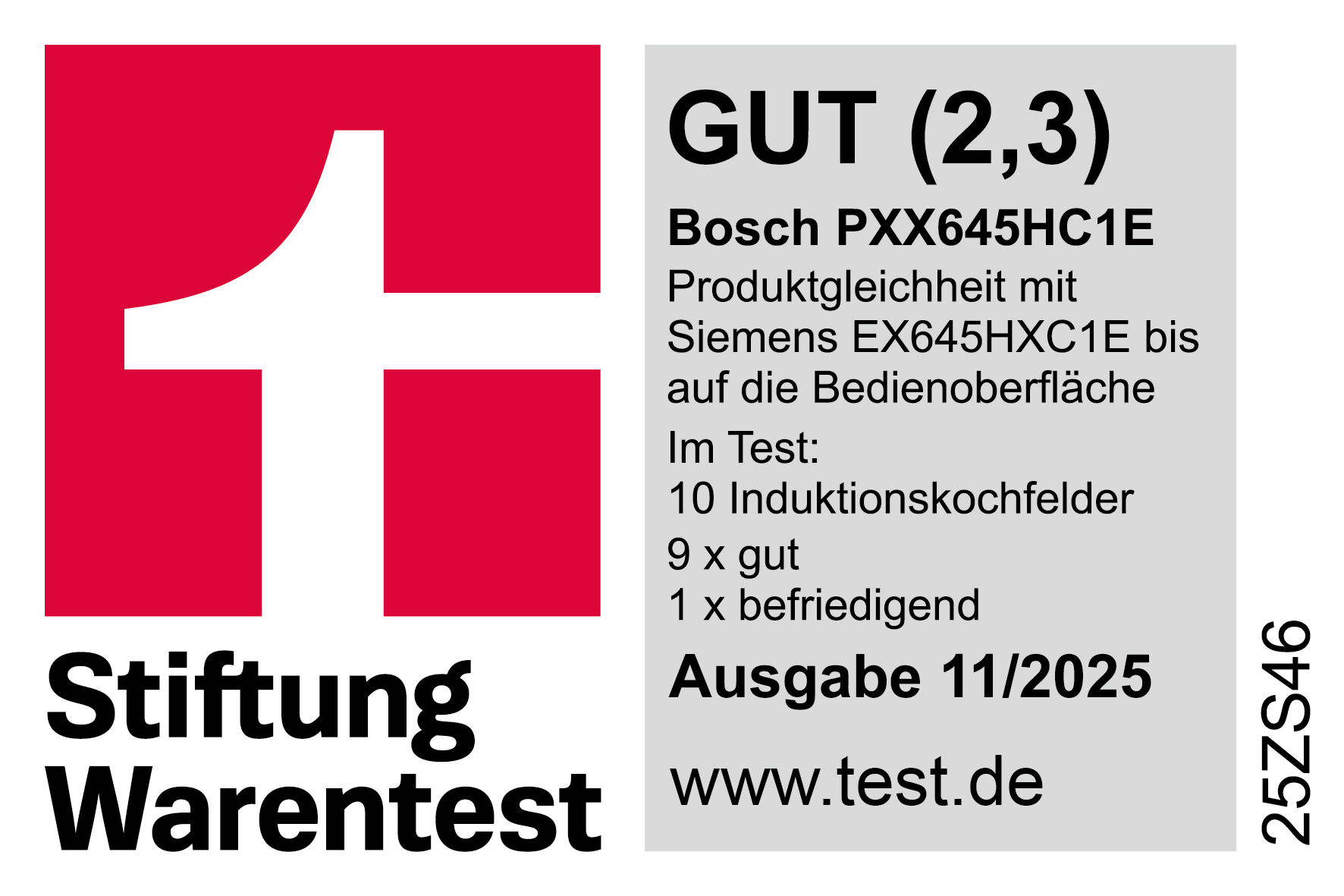Das Bild zeigt ein rot-weißes Logo und Text mit deutschen Wörtern, die ein Produkt mit 'GUT' bewerten. Es hat ein Testergebnis.