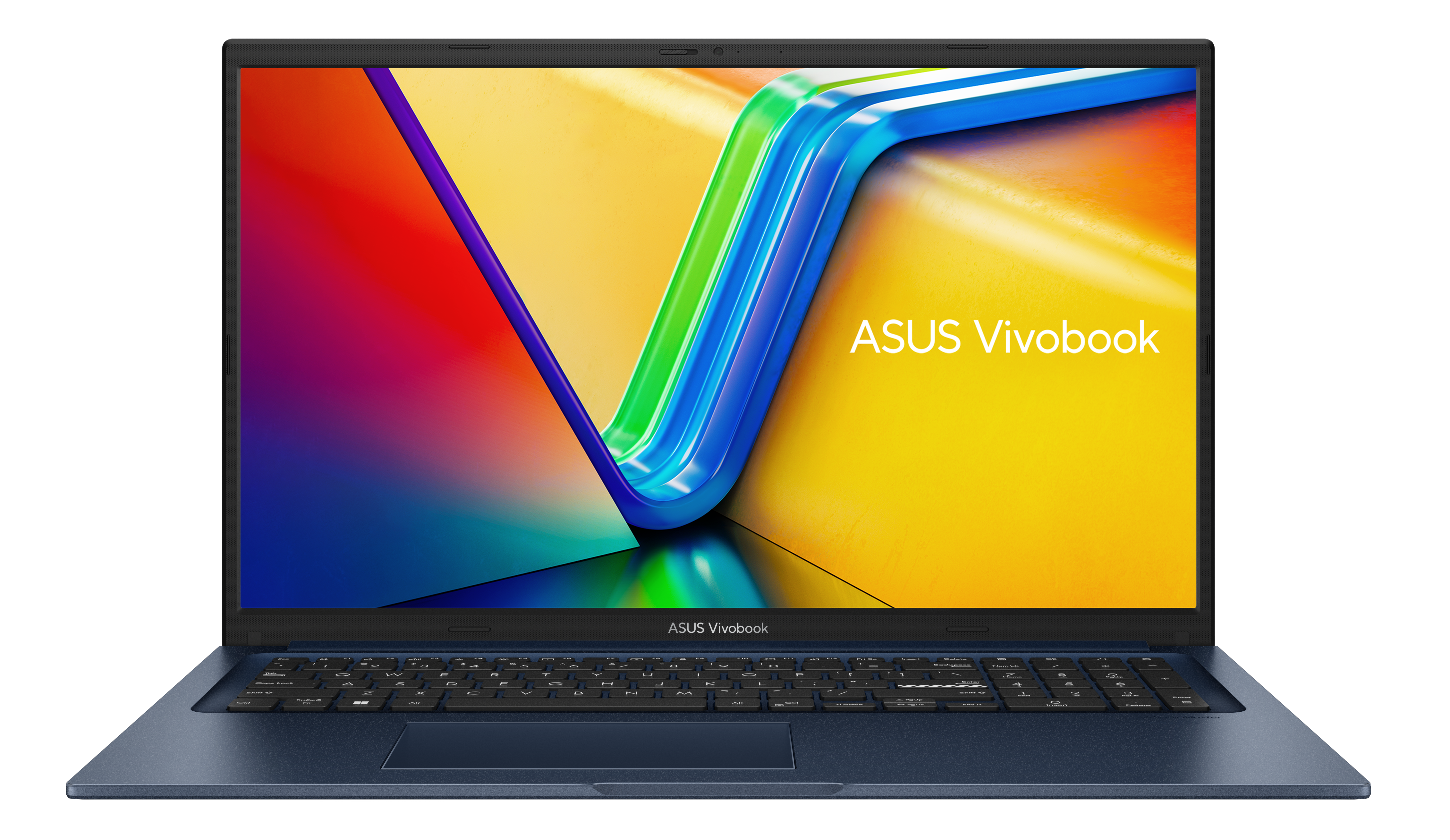 Un laptop ASUS Vivobook. Lo schermo mostra un design astratto colorato. La tastiera è nera, il corpo blu scuro.