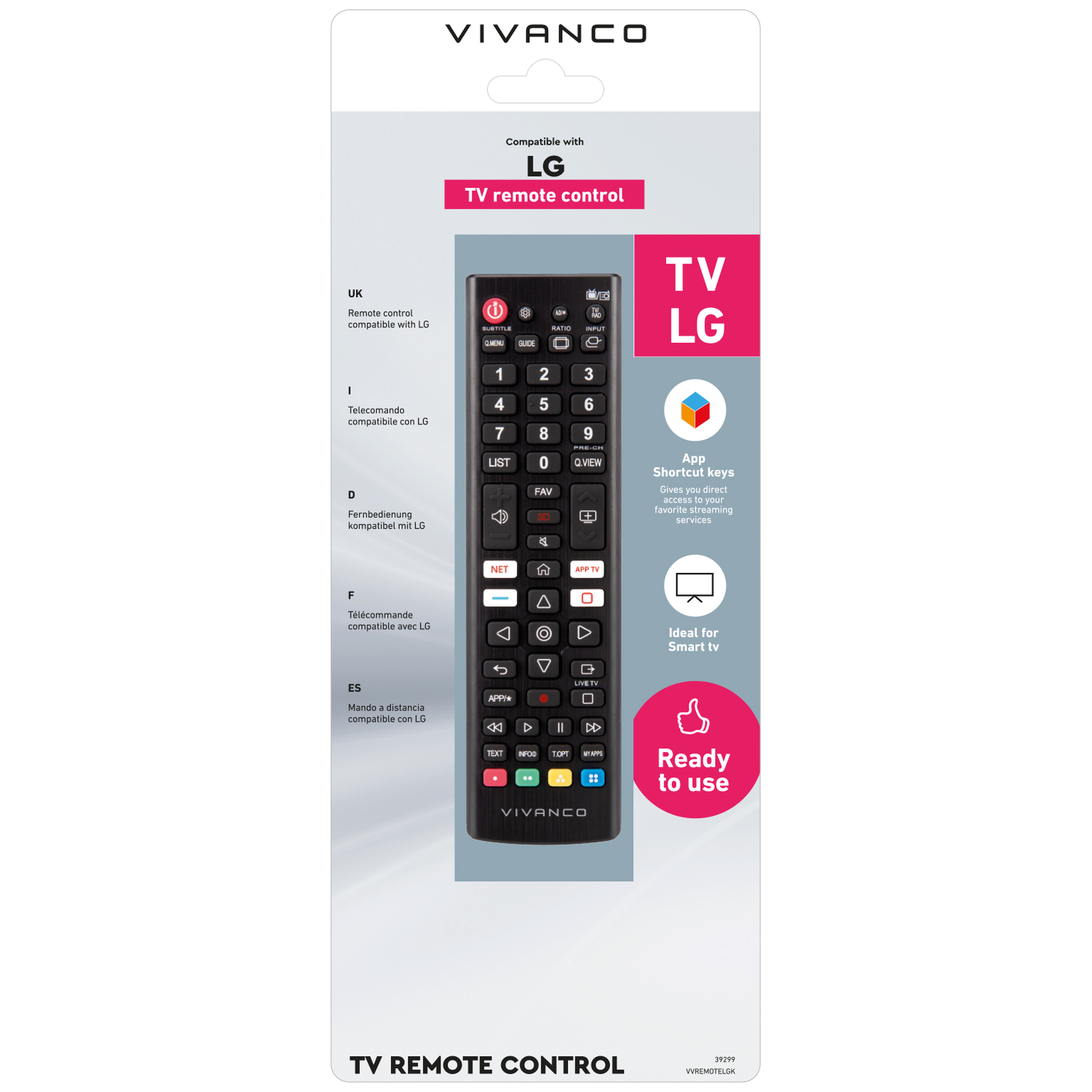 A black LG TV remote control on a white background with product details and branding.