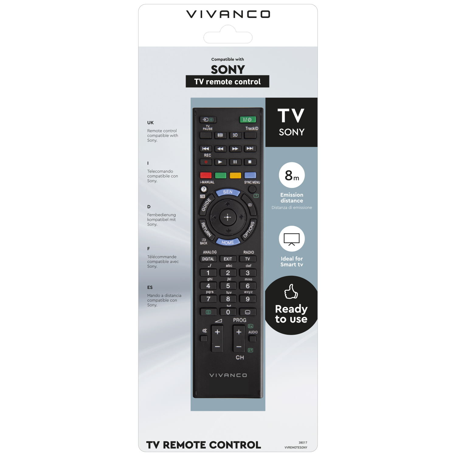 A black Sony TV remote control on a white background, with text and icons.