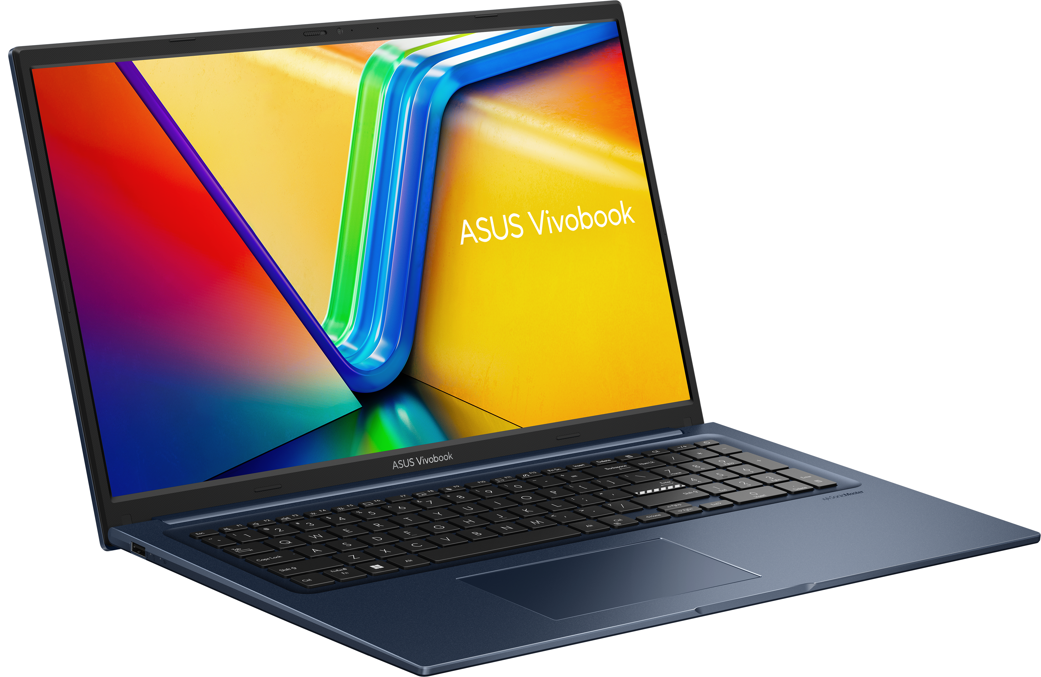 Laptop blu con schermo colorato con logo ASUS Vivobook. Tastiera visibile. Sfondo nero.