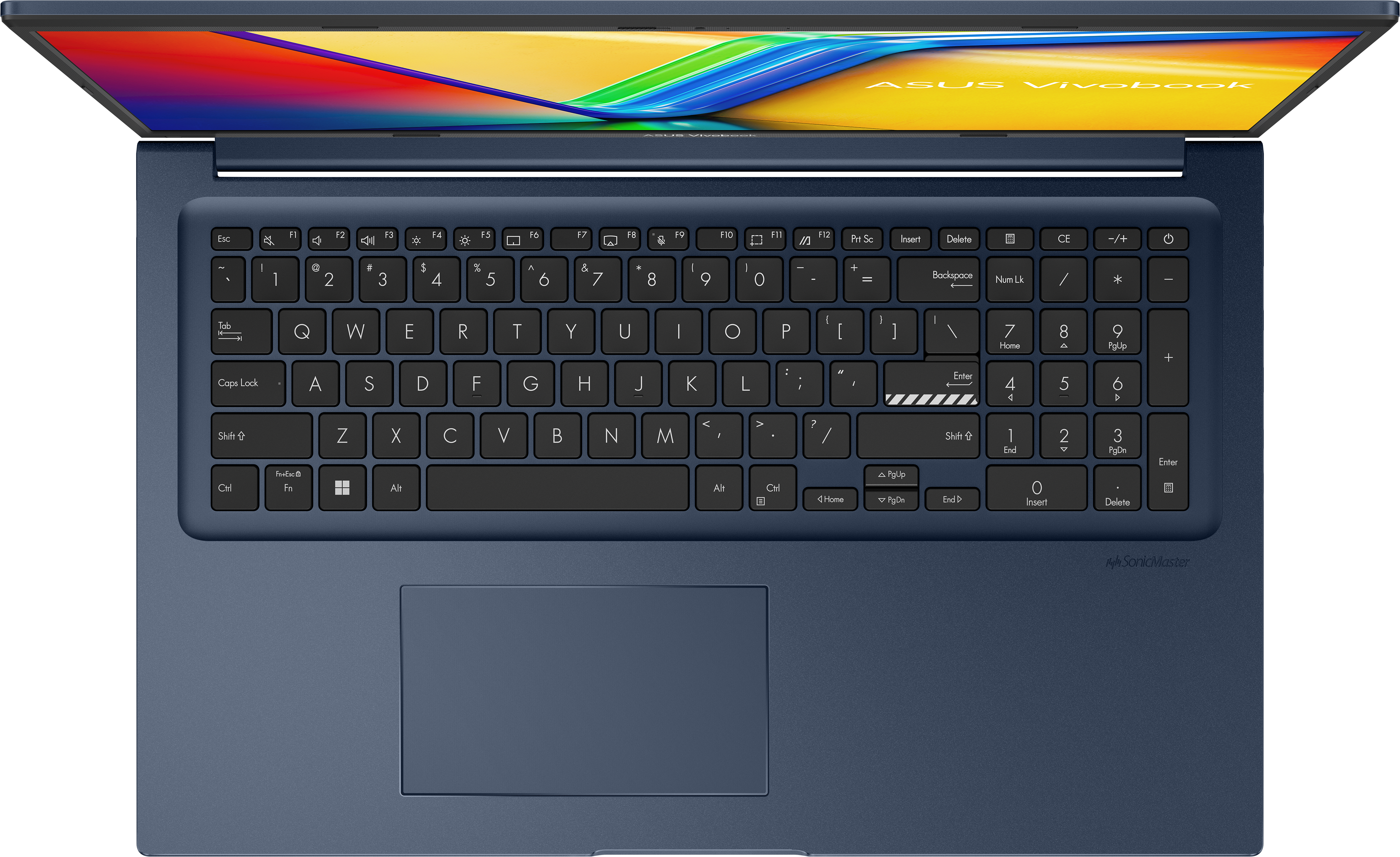 Laptop blu, aperto, con tastiera e schermo con display colorato. La tastiera ha lettere bianche.