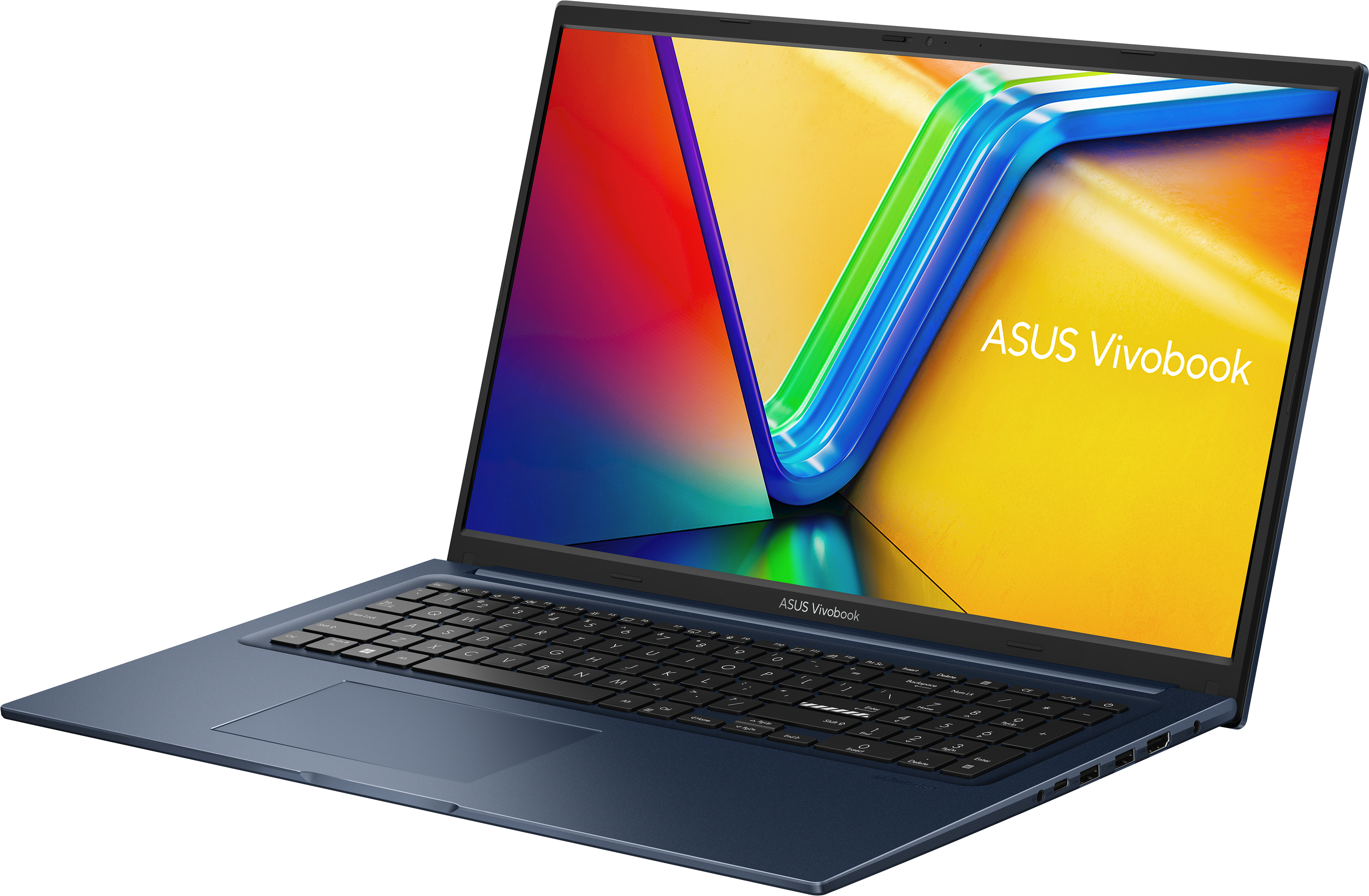 Laptop ASUS Vivobook blu su sfondo nero. Lo schermo mostra un design astratto colorato.