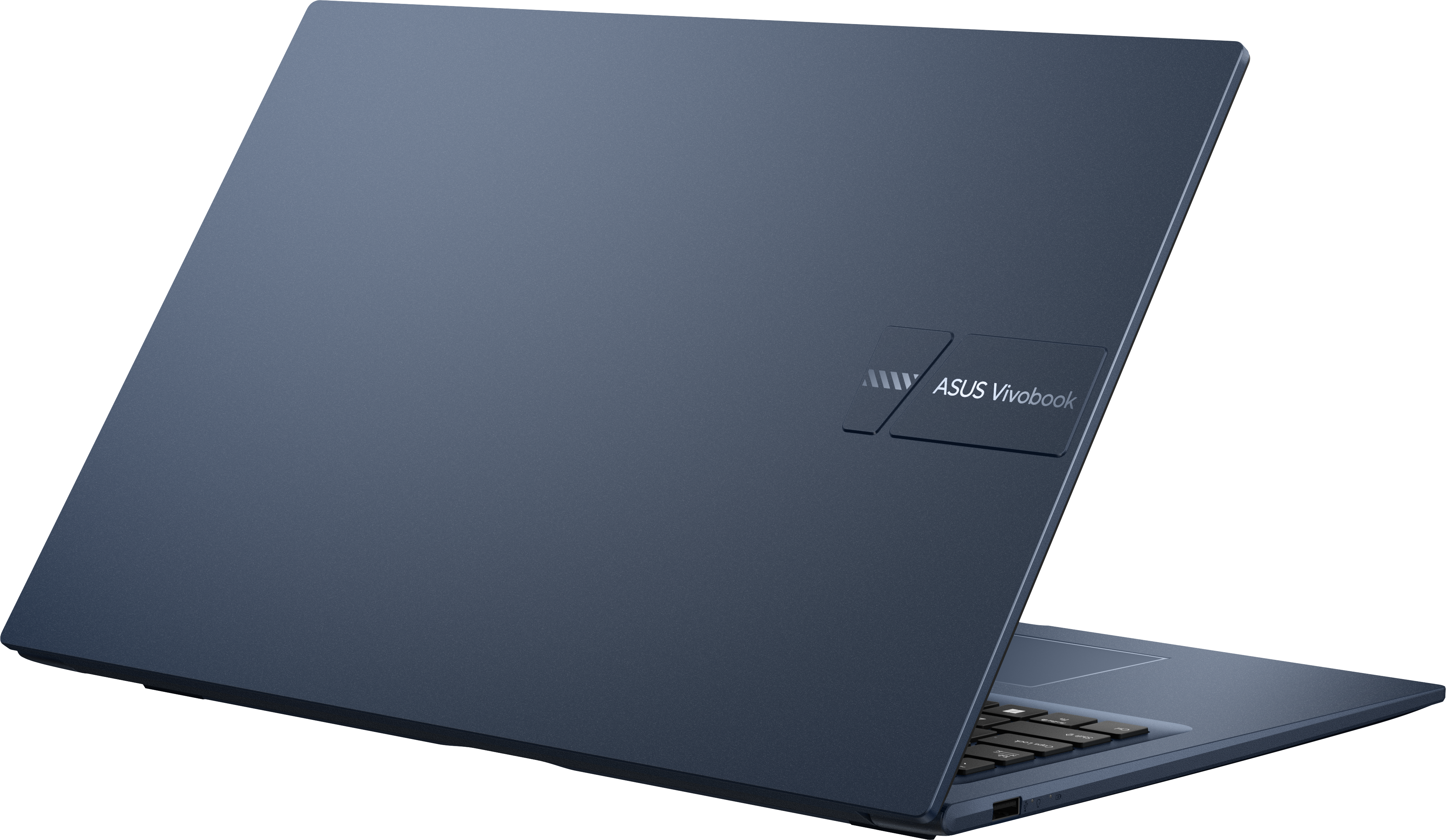 Un laptop ASUS Vivobook blu è aperto. Il coperchio è inclinato verso l'alto. La tastiera è visibile. Il logo è sul coperchio.