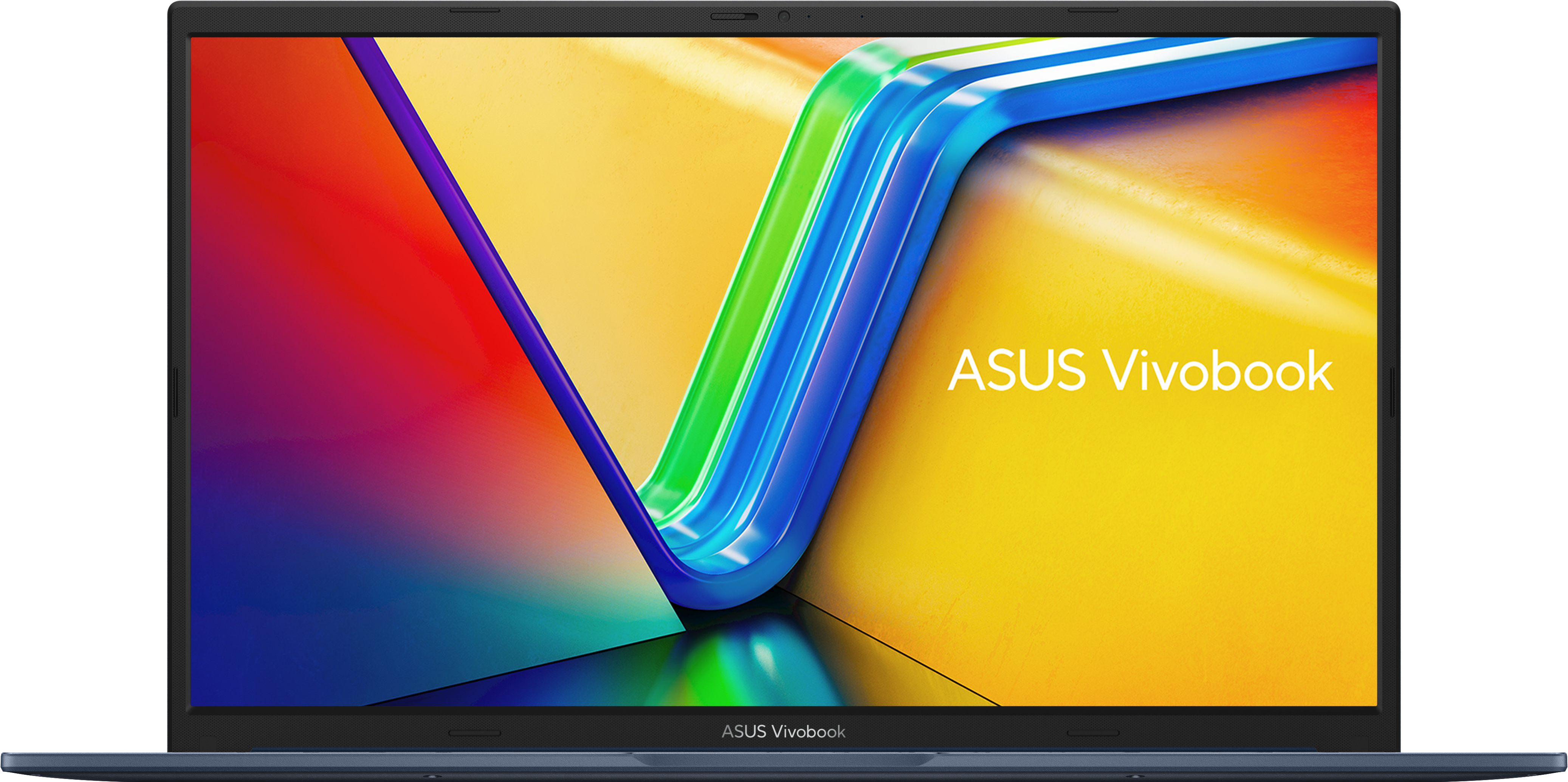 Un laptop ASUS Vivobook con schermo colorato. Lo schermo mostra una sfumatura dal rosso al giallo con accenti blu e il logo ASUS.