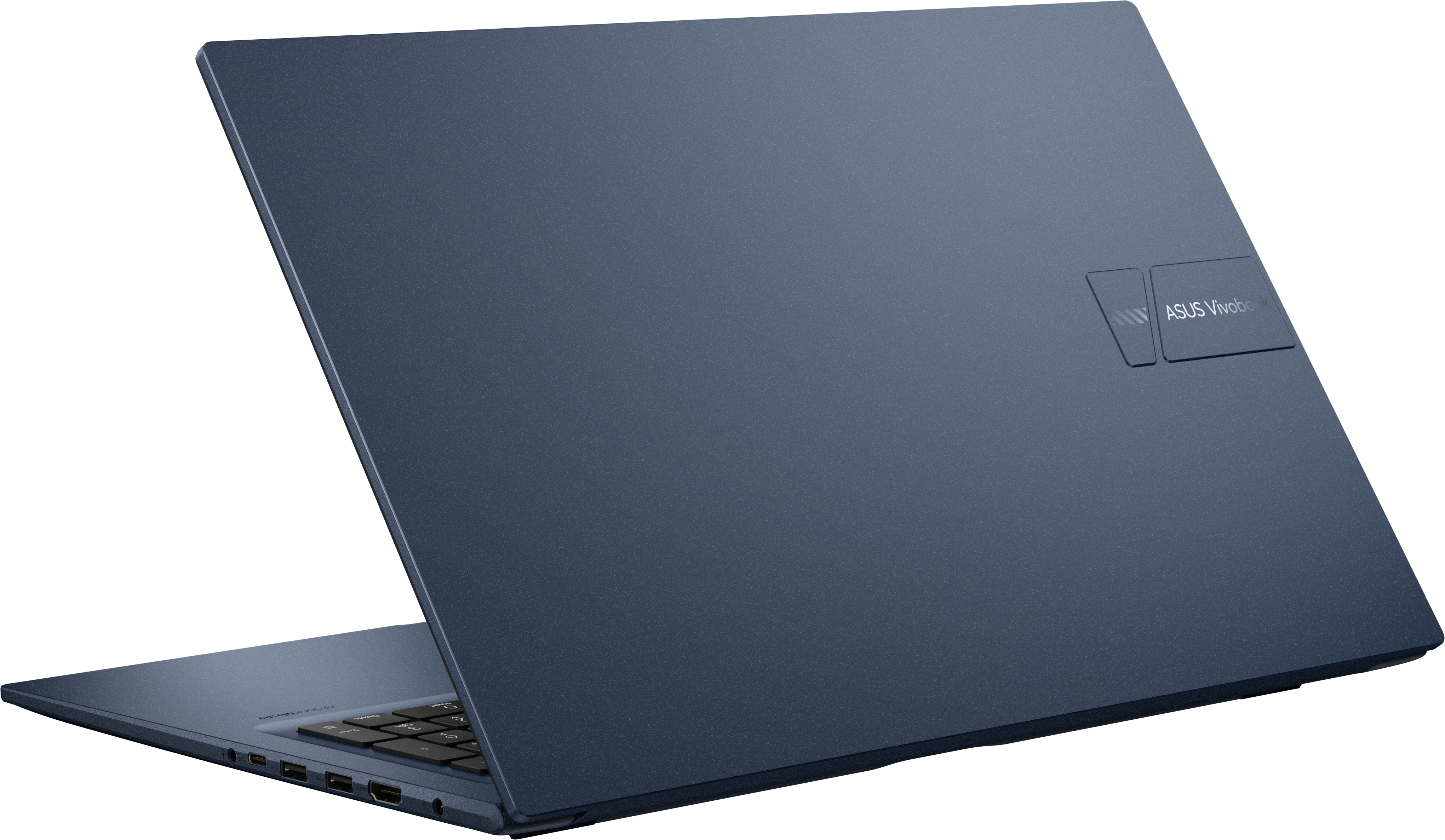 Un laptop blu leggermente aperto, mostra la tastiera e il retro con il logo ASUS Vivobook.