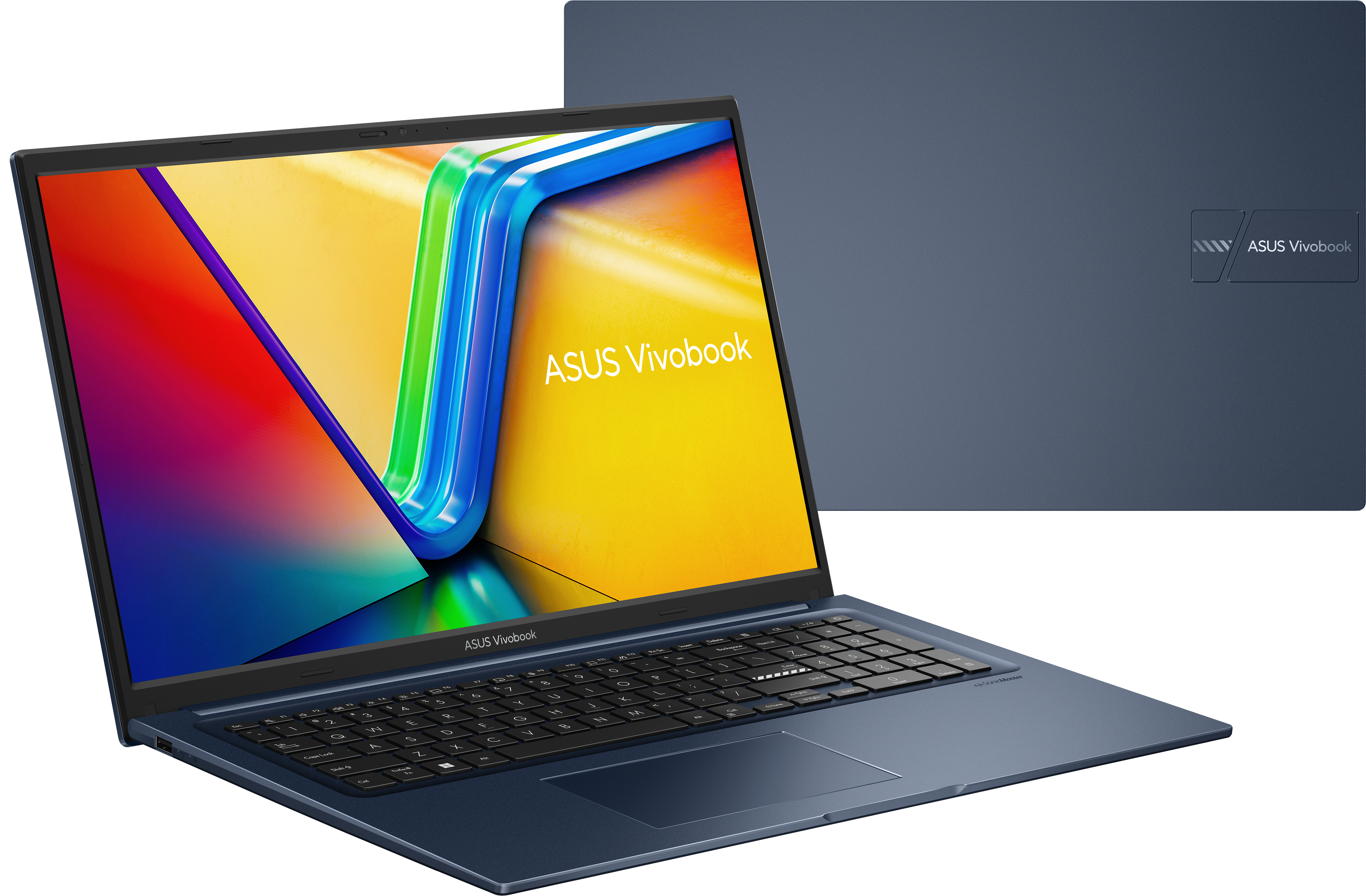 Un laptop ASUS Vivobook blu è aperto, mostrando uno schermo colorato. C'è un altro coperchio del laptop sullo sfondo.