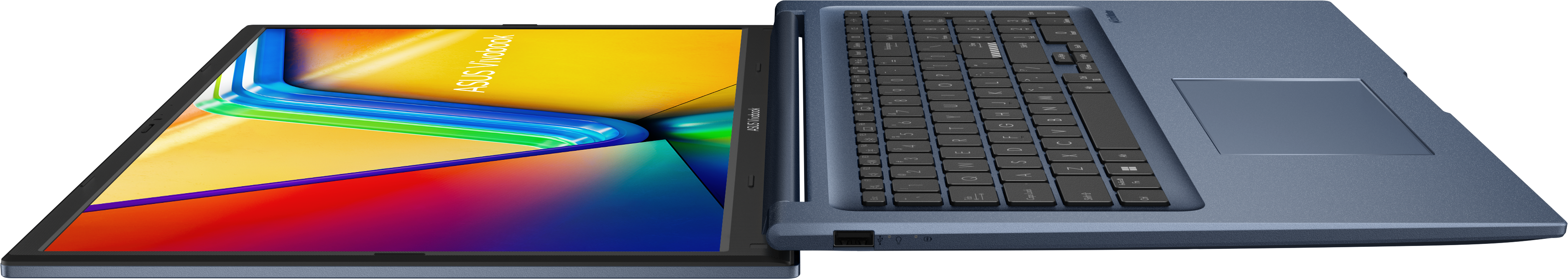 Laptop blu con schermo aperto che mostra grafici colorati. Tastiera e touchpad visibili. Logo ASUS Vivobook presente.