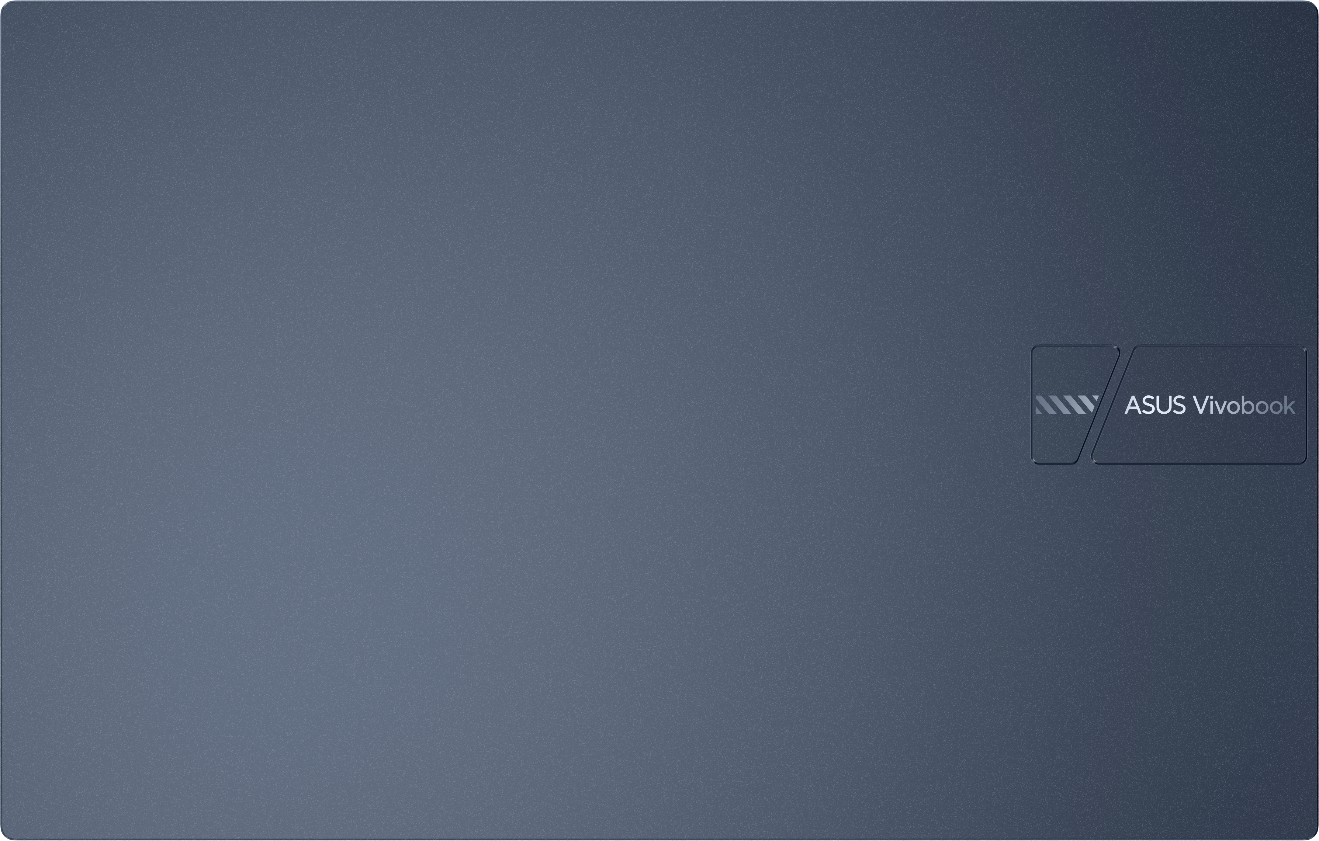 Coperchio blu del laptop. Logo ASUS Vivobook a destra.