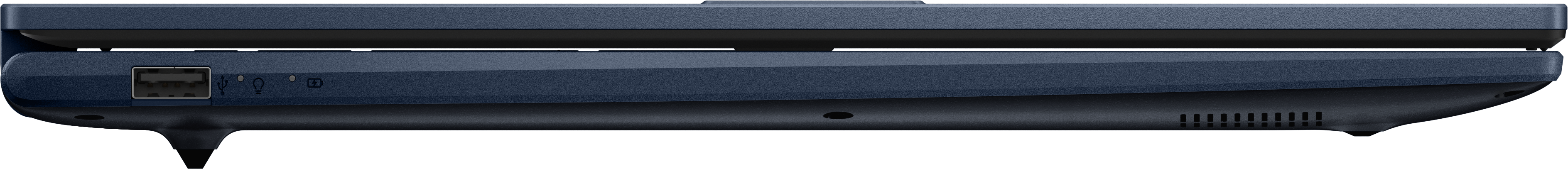 Vista laterale di un laptop blu. Visibili la porta USB, gli indicatori di alimentazione e batteria, e le fessure.