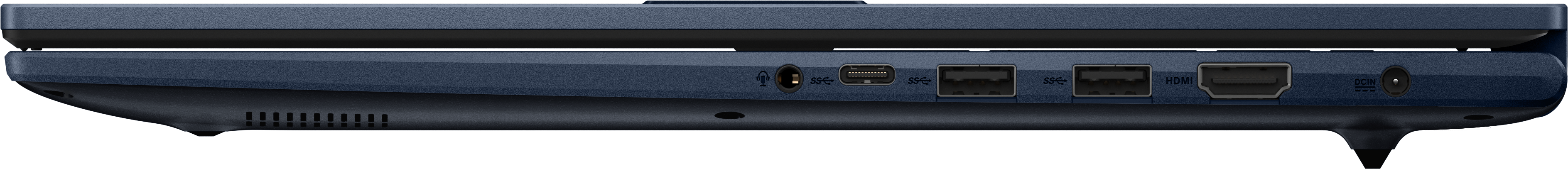 Vista laterale di un laptop blu. Le porte includono audio, USB, HDMI e alimentazione CC. Sfondo nero.