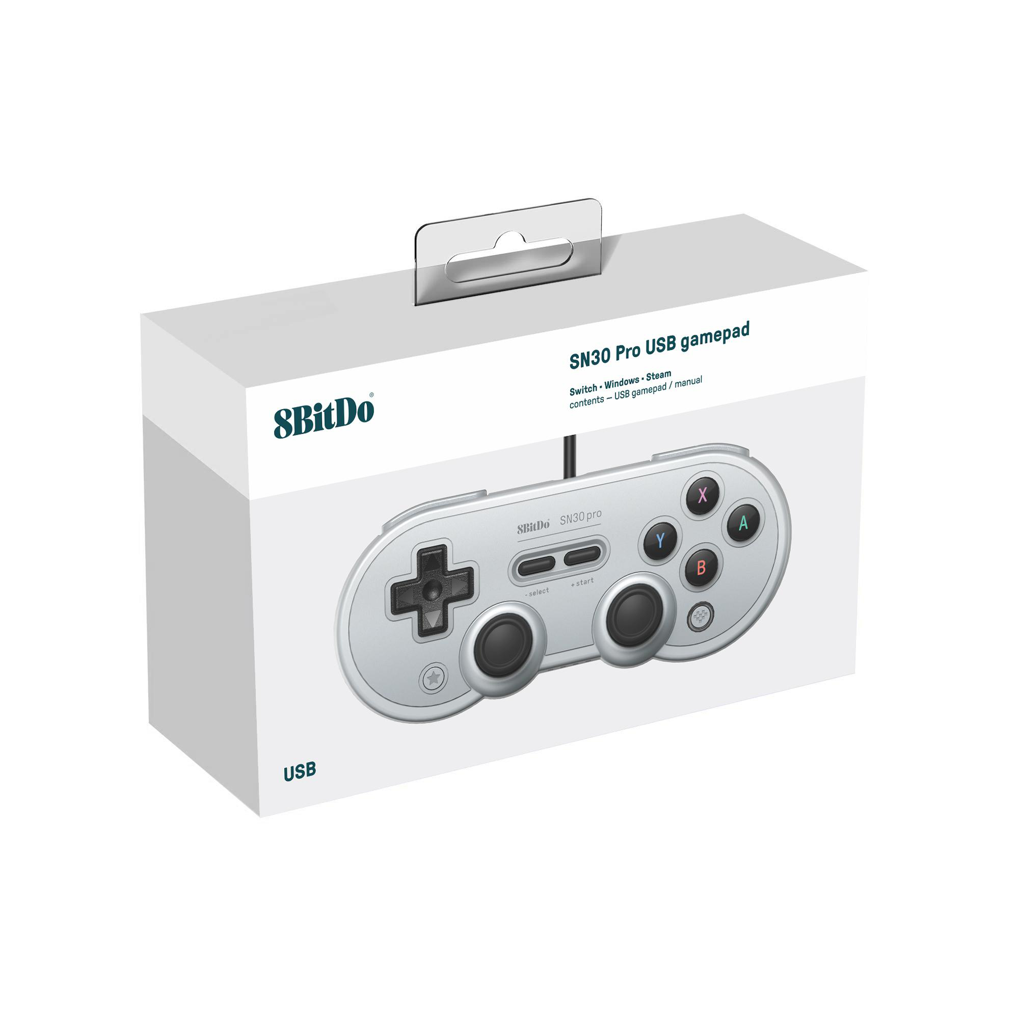 Eine Schachtel mit einem Gamepad. Der silberne Controller befindet sich in der Schachtel. Die Schachtel trägt die Aufschrift SN30 Pro USB-Gamepad.