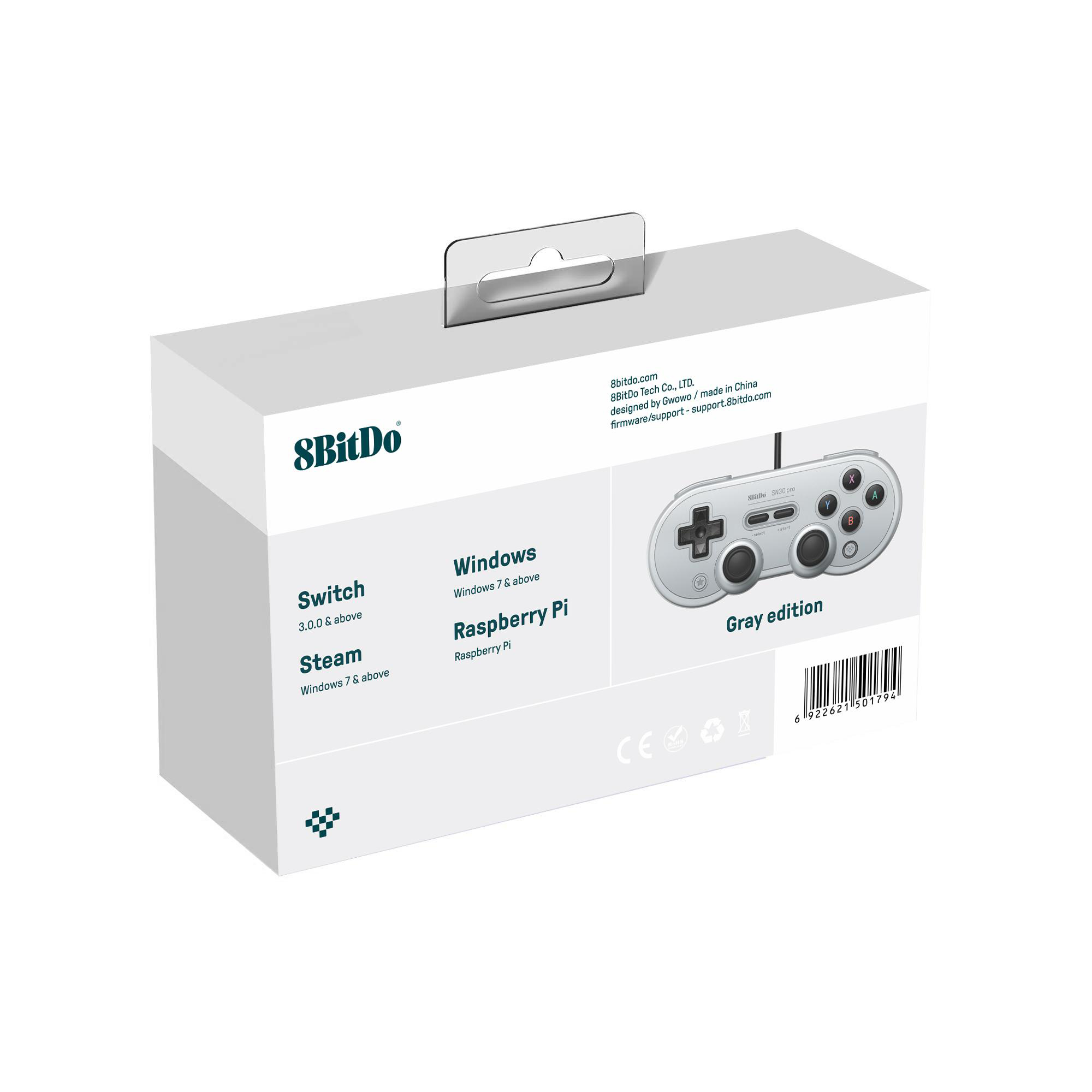 Schachtel einer grauen 8BitDo SN30 Pro-Controller-Edition. Listet Switch-, Steam-, Windows- und Raspberry Pi-Kompatibilität.