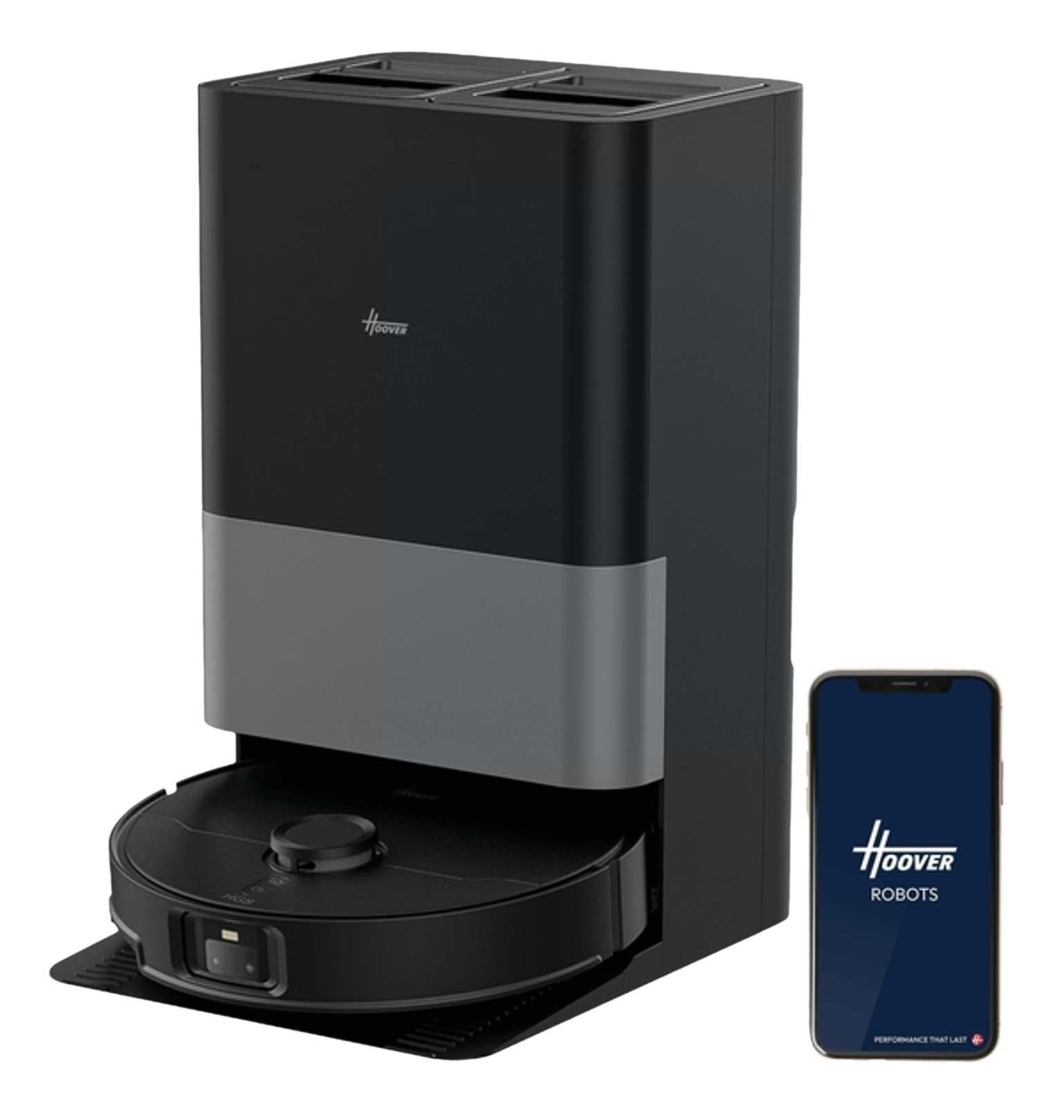 Un aspirapolvere robot Hoover nero, stazione di ricarica e smartphone con il logo Hoover Robots.
