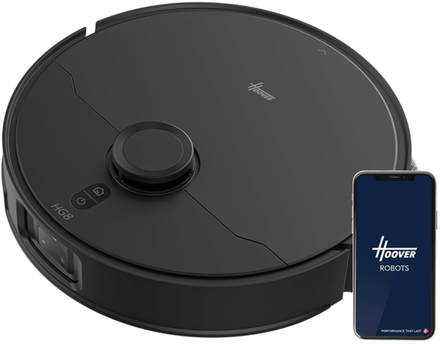 Un aspirapolvere robot Hoover nero e uno smartphone con il logo Hoover Robots.