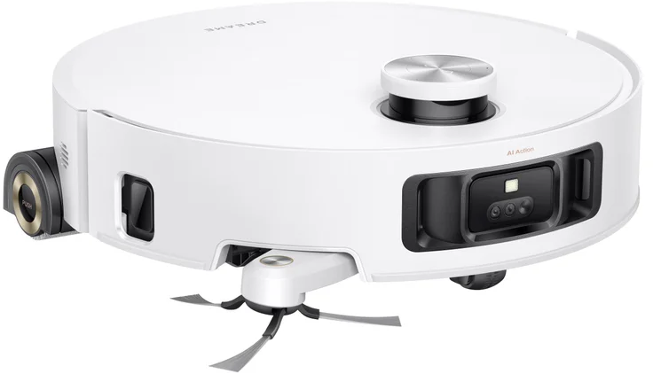 Ein weiß-schwarzer Roboter-Staubsauger. Er hat eine runde Form mit einem zentralen Turm und einer Bürste unten.
