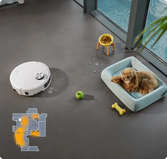 Ein Roboter-Staubsauger und eine Karte befinden sich neben einem Hundebett mit einem Hund, einem Spielzeugknochen und einem Ball sowie einer Futterschüssel.