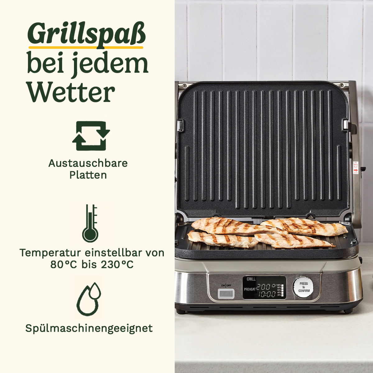 Una griglia aperta con petti di pollo grigliati. Il testo a sinistra recita 'Divertimento alla griglia con qualsiasi tempo', con funzioni.